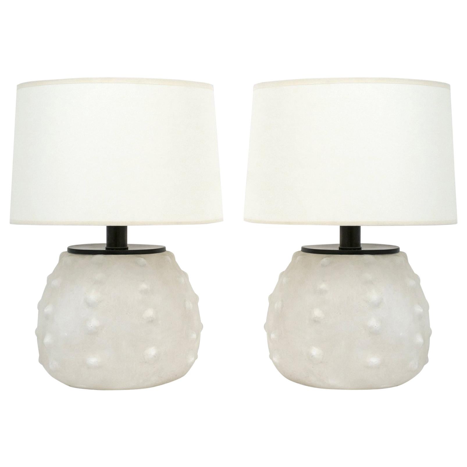 Contemporary Pair of Round Matte White Ceramic Urchin Form Table Lamps For Sale
