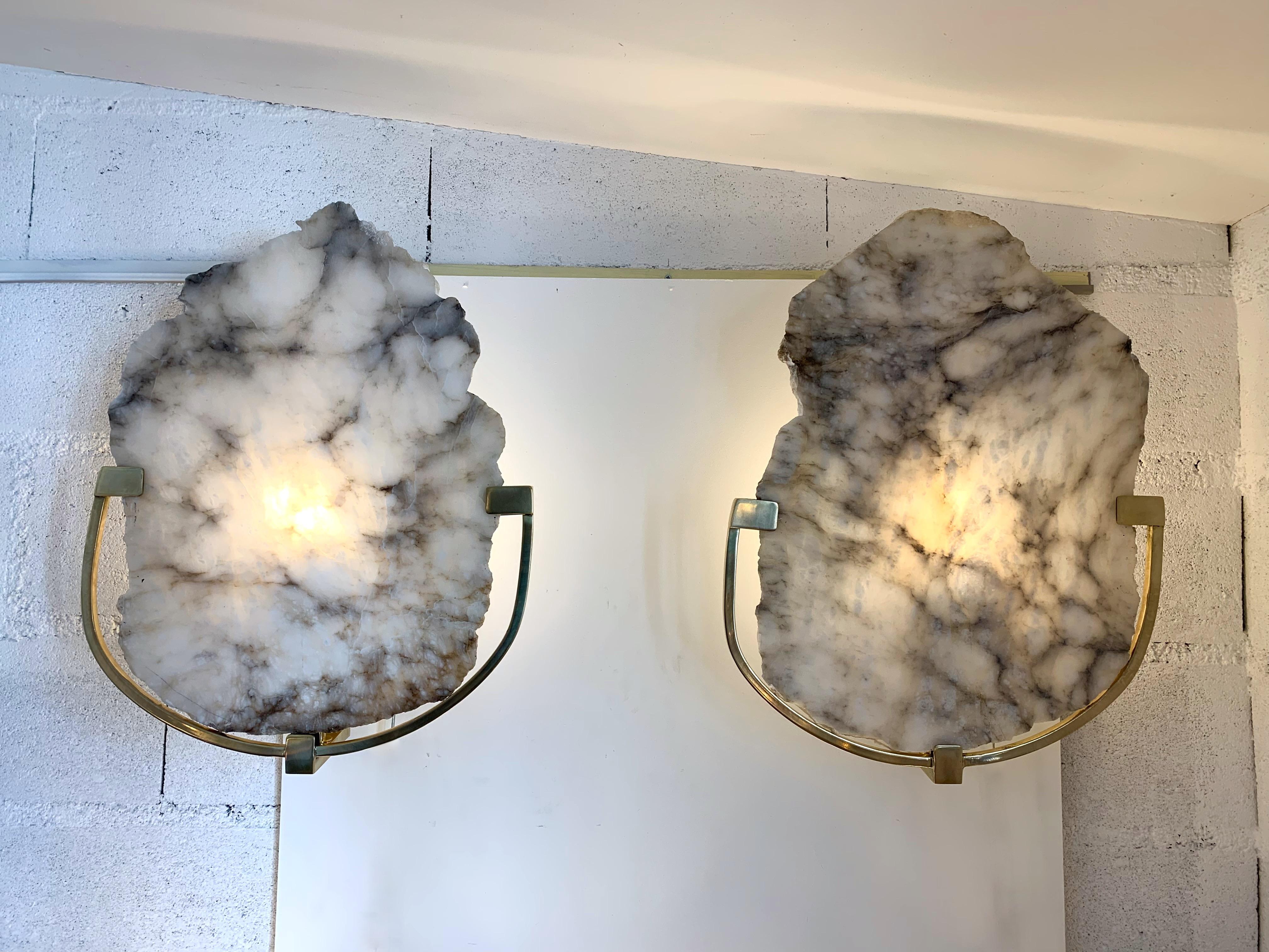 Italian Contemporary Pair of Sconces Alabaster and Brass, Italy