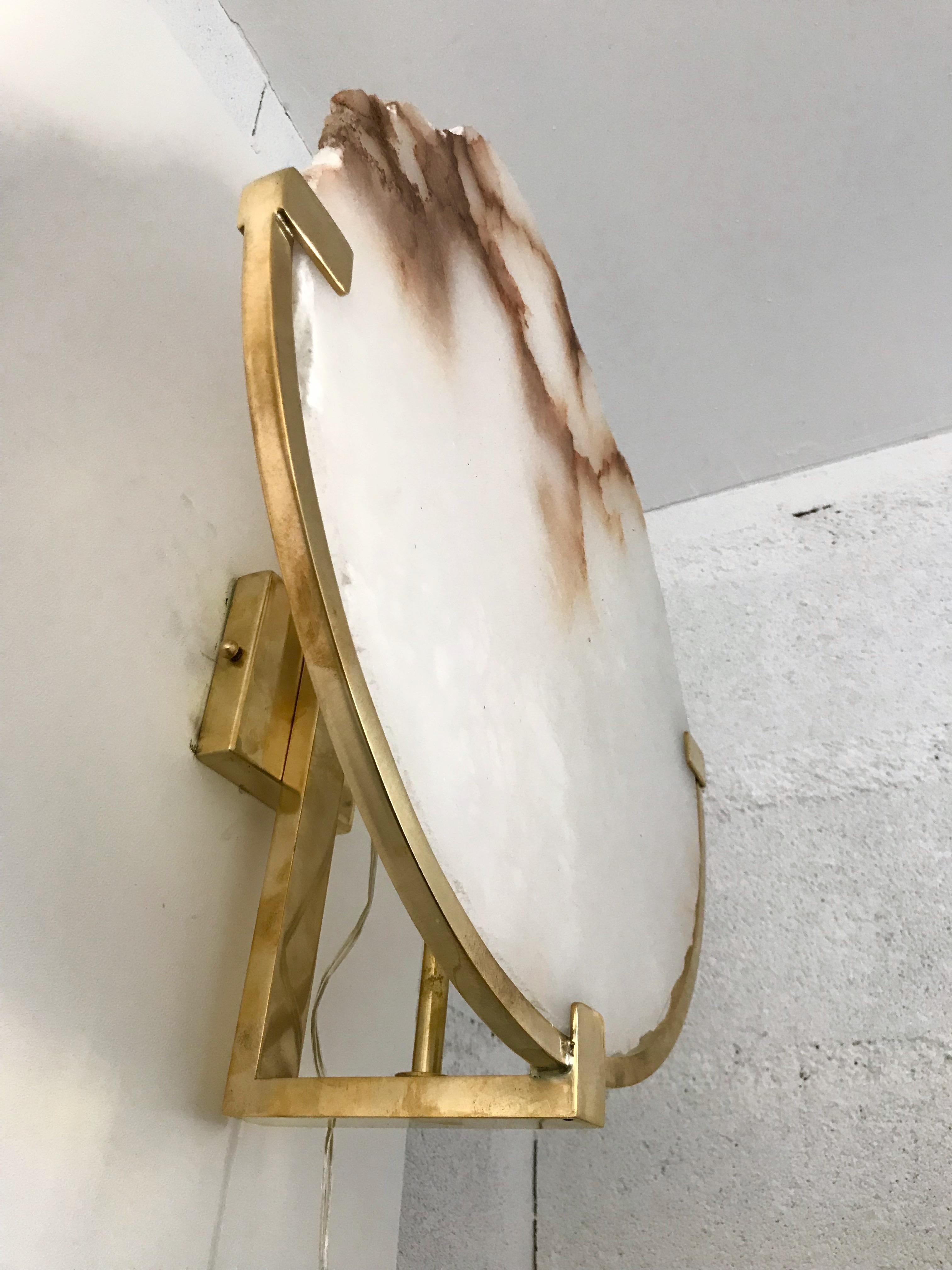 Mid-Century Modern Contemporary Pair of Sconces Alabaster and Brass, Italy For Sale