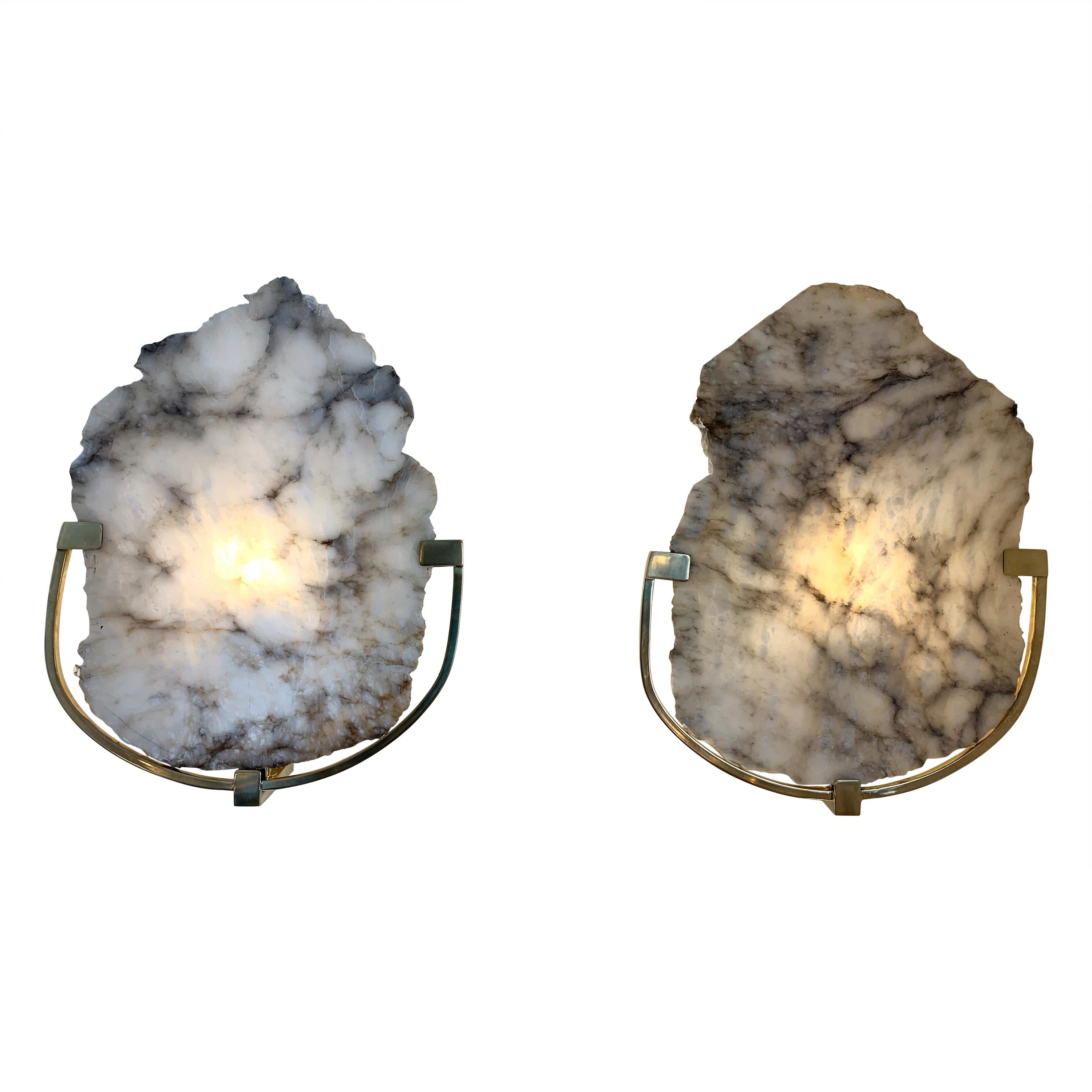 Contemporary Pair of Sconces Alabaster and Brass, Italy