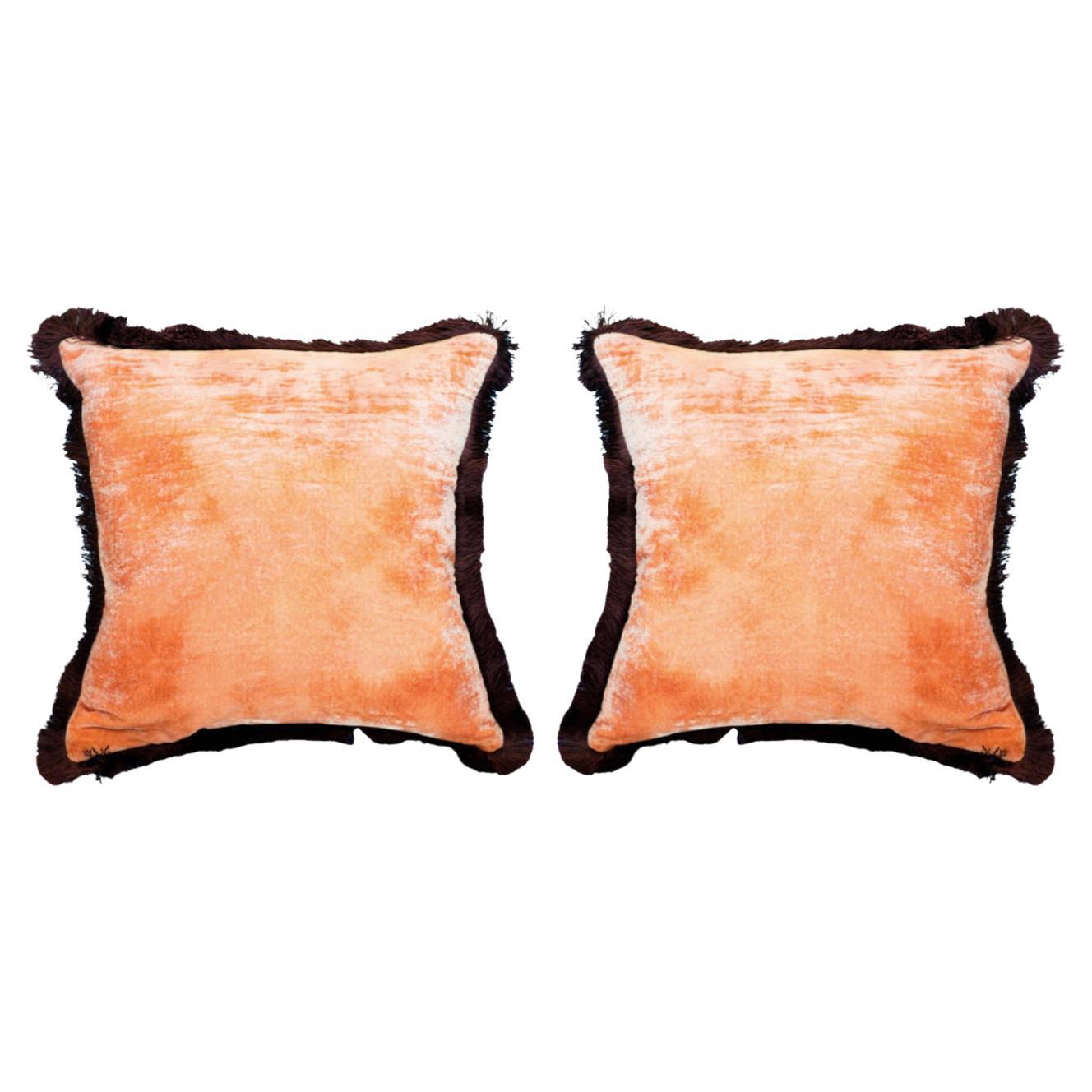 Contemporary Pair of Shaded Rose Silk Velvet Pillows with Fringe Border For Sale