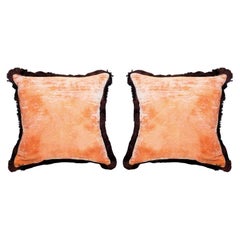 Contemporary Pair of Shaded Rose Silk Velvet Pillows with Fringe Border