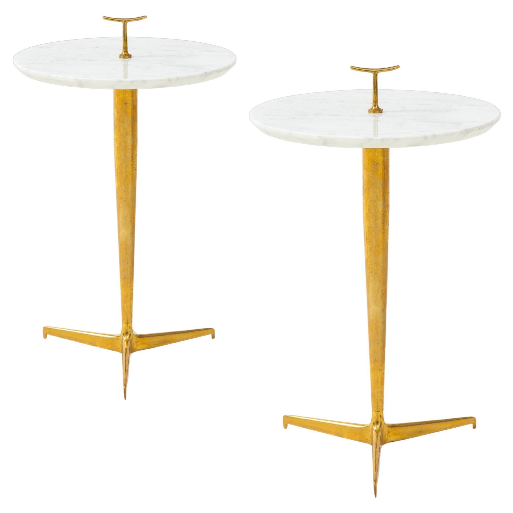 Contemporary Italian Pair of Side Tables in Carrara Marble and Brass For Sale