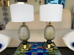 Contemporary Pair of Silver Gold Pineapple Murano Glass and Brass Lamps, Italy