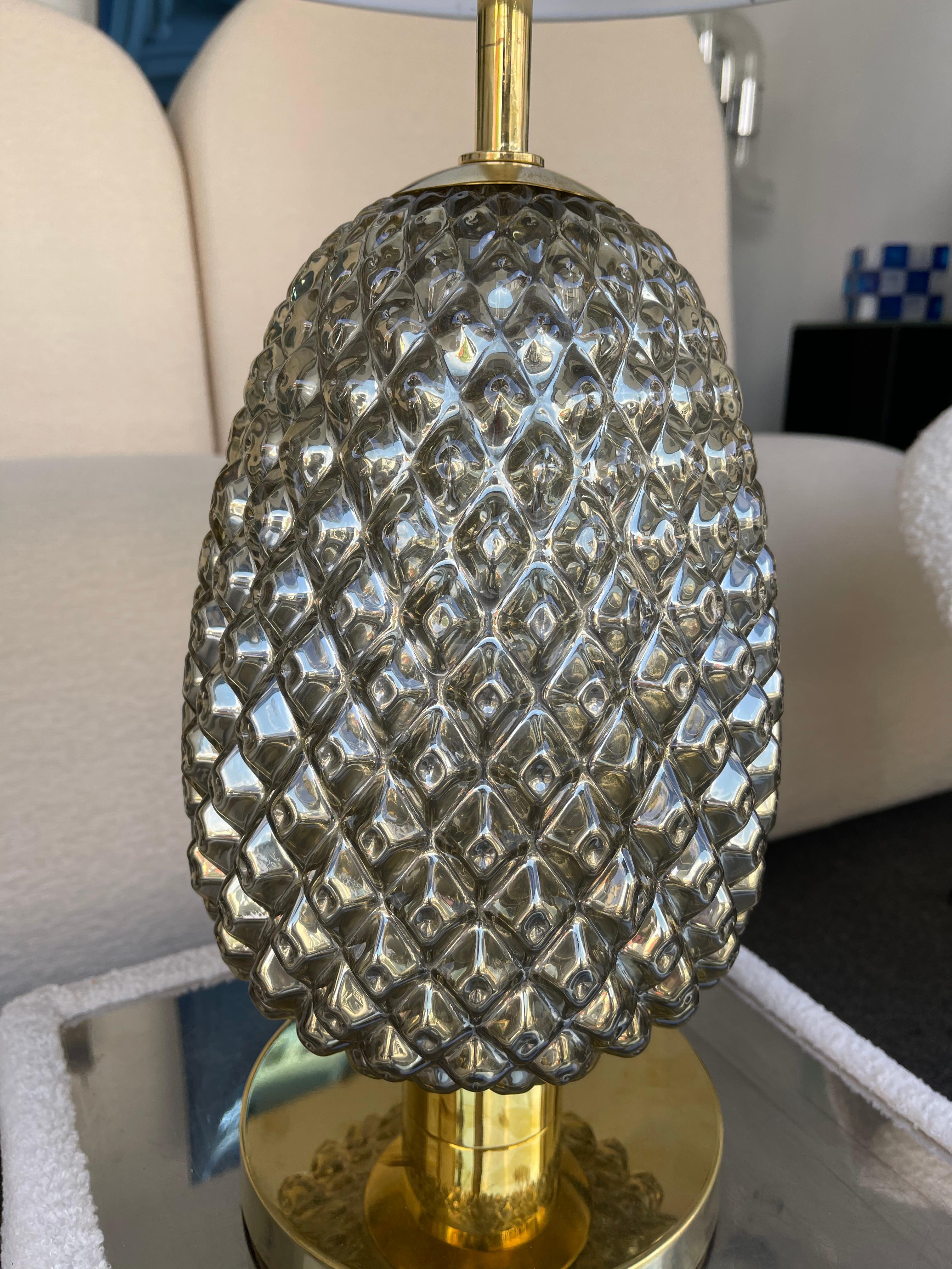 Mid-Century Modern Contemporary Pair of Silver Gold Pineapple Murano Glass and Brass Lamps, Italy For Sale