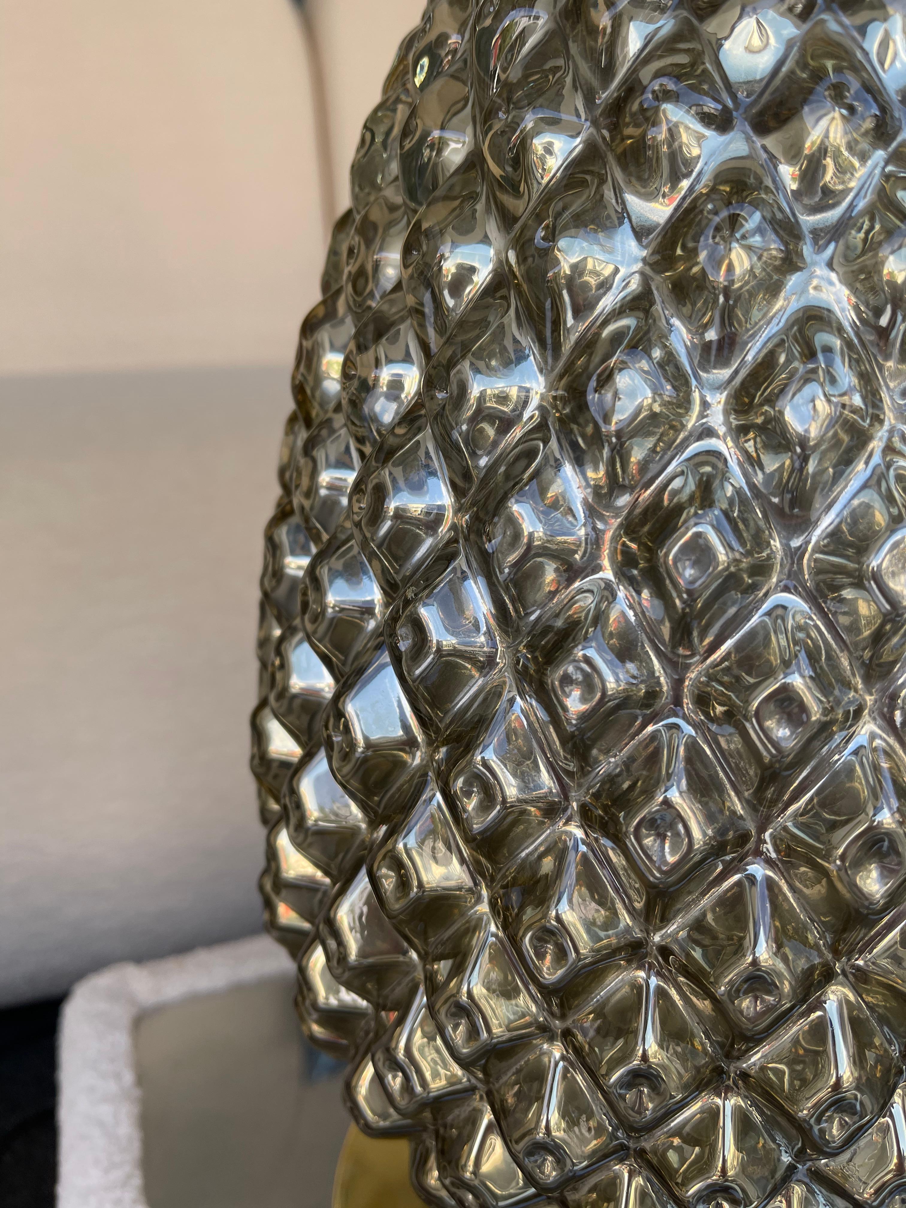 Laiton Paire de lampes contemporaines en verre de Murano et laiton, Silver Gold Pineapple, Italie en vente