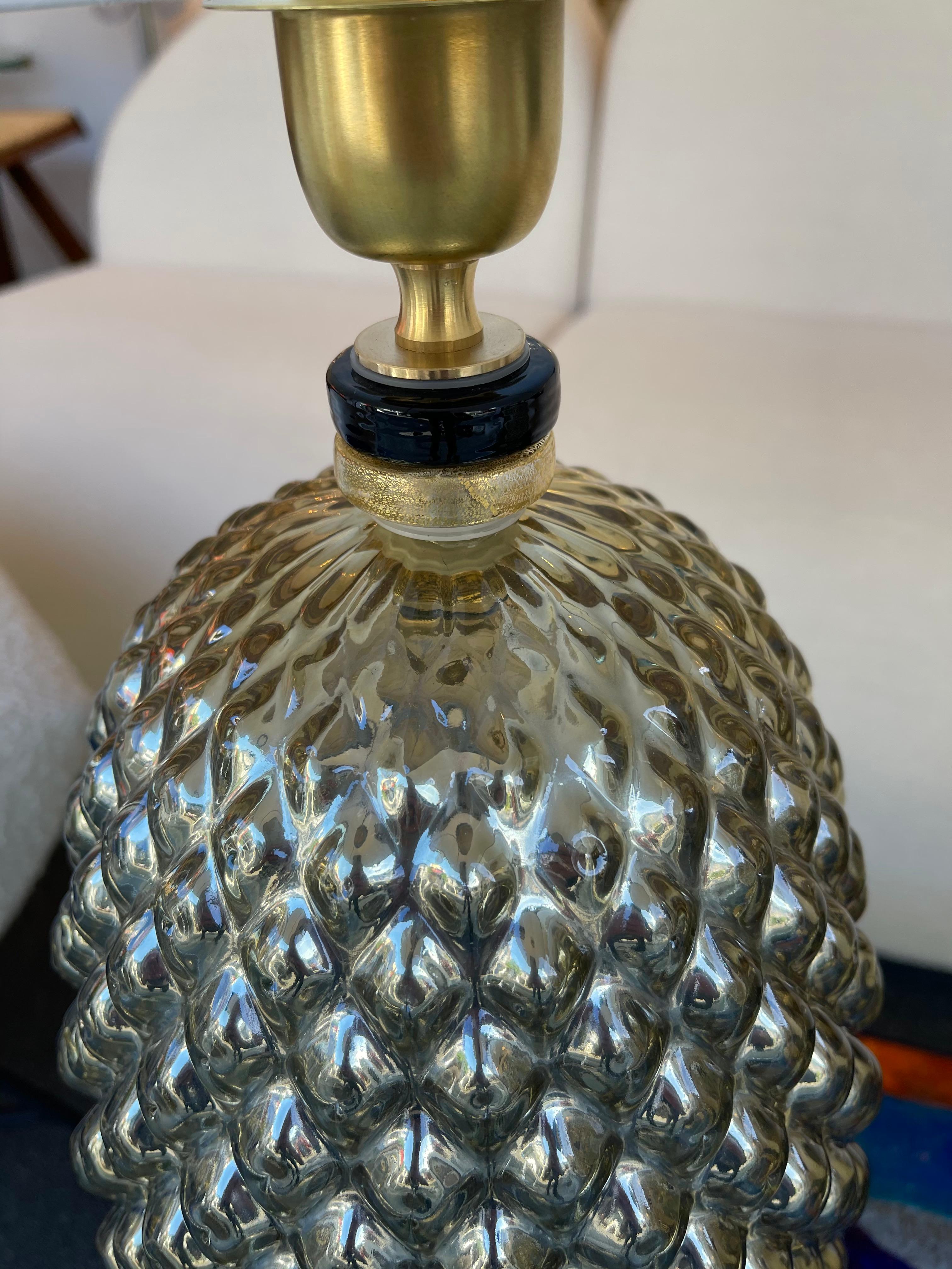 Contemporary Pair of Silver Gold Pineapple Murano Glass and Brass Lamps, Italy For Sale 1