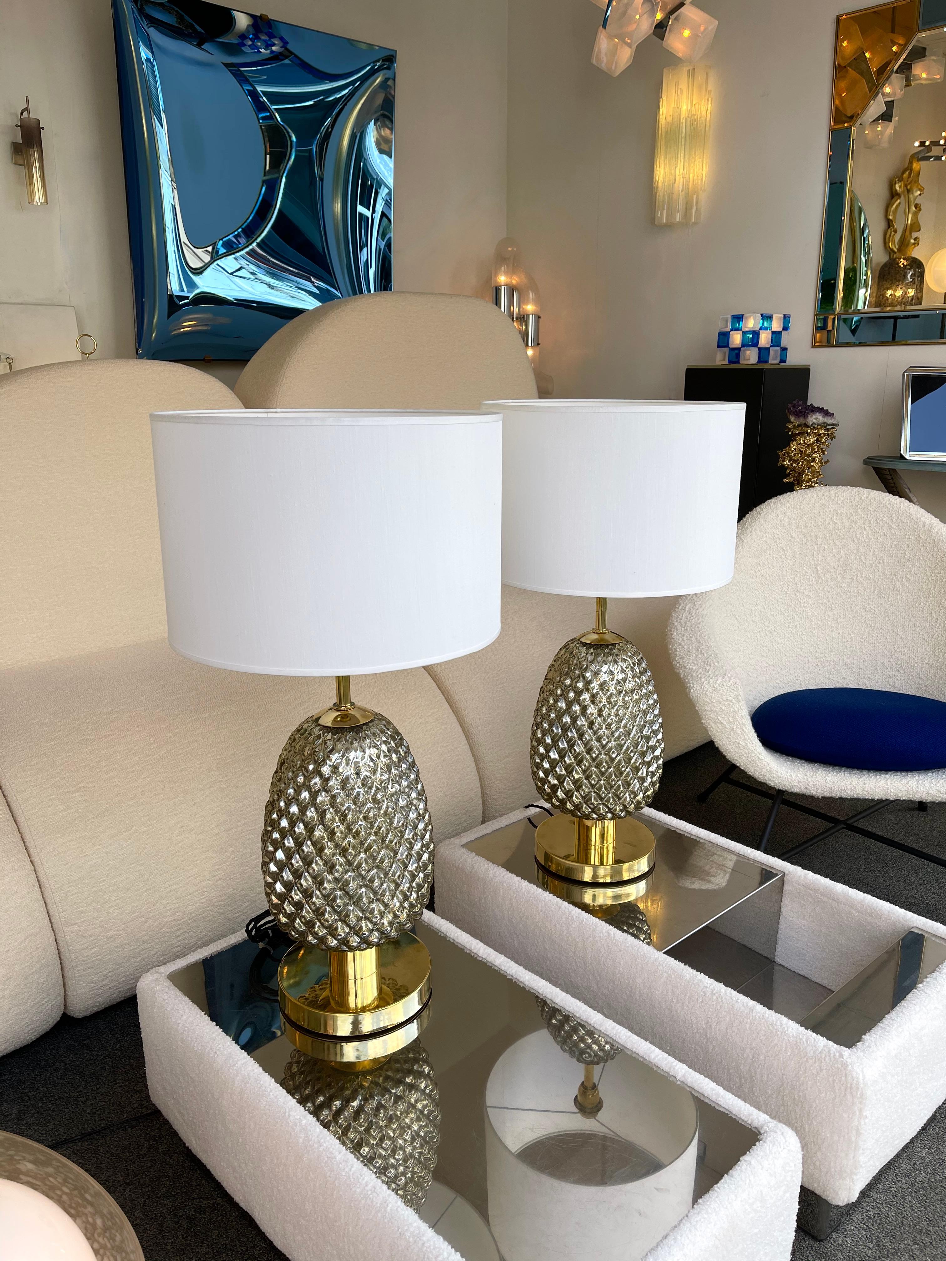 Paire de lampes contemporaines en verre de Murano et laiton, Silver Gold Pineapple, Italie en vente 1