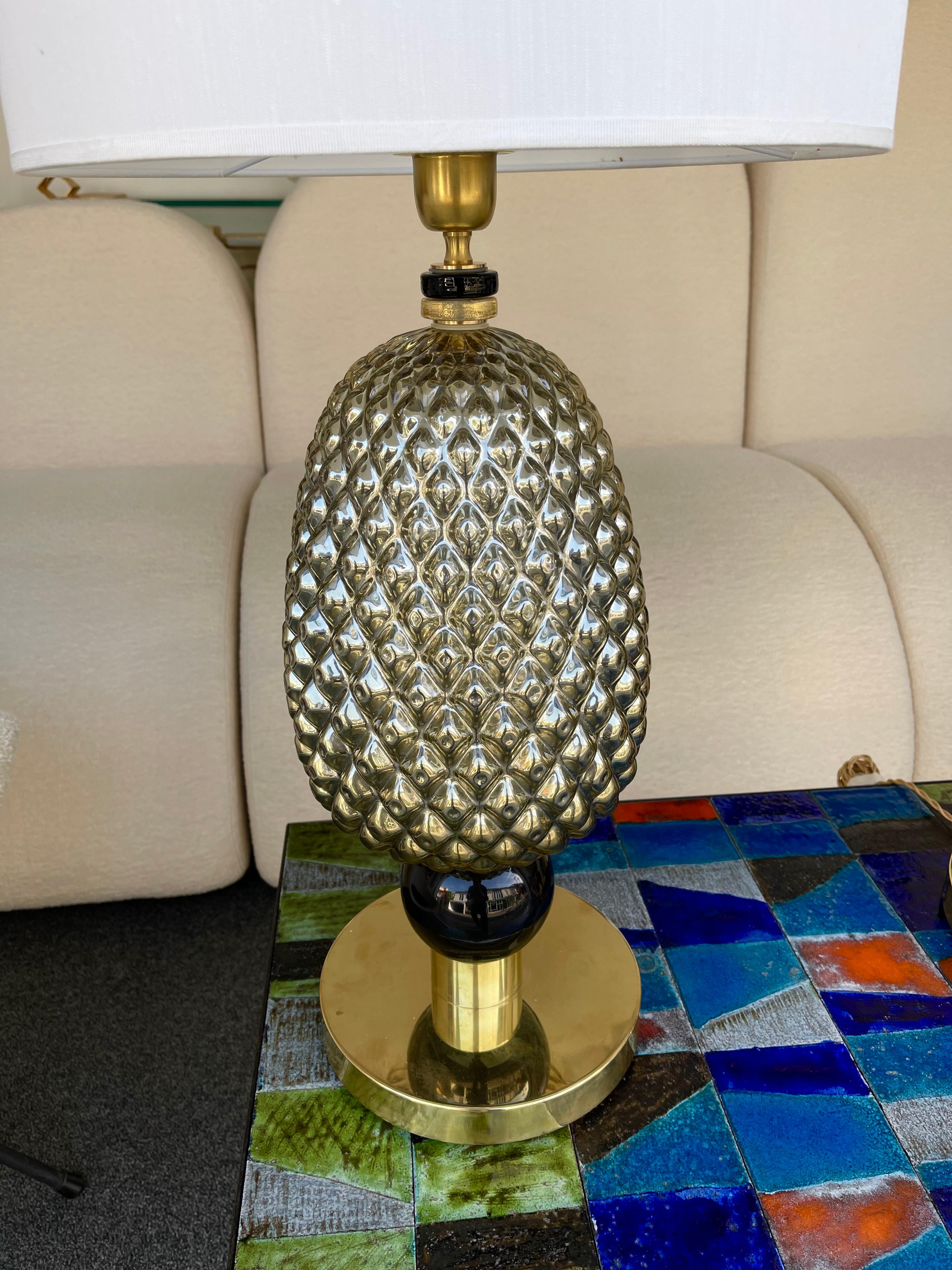 Contemporary Pair of Silver Gold Pineapple Murano Glass and Brass Lamps, Italy For Sale 2