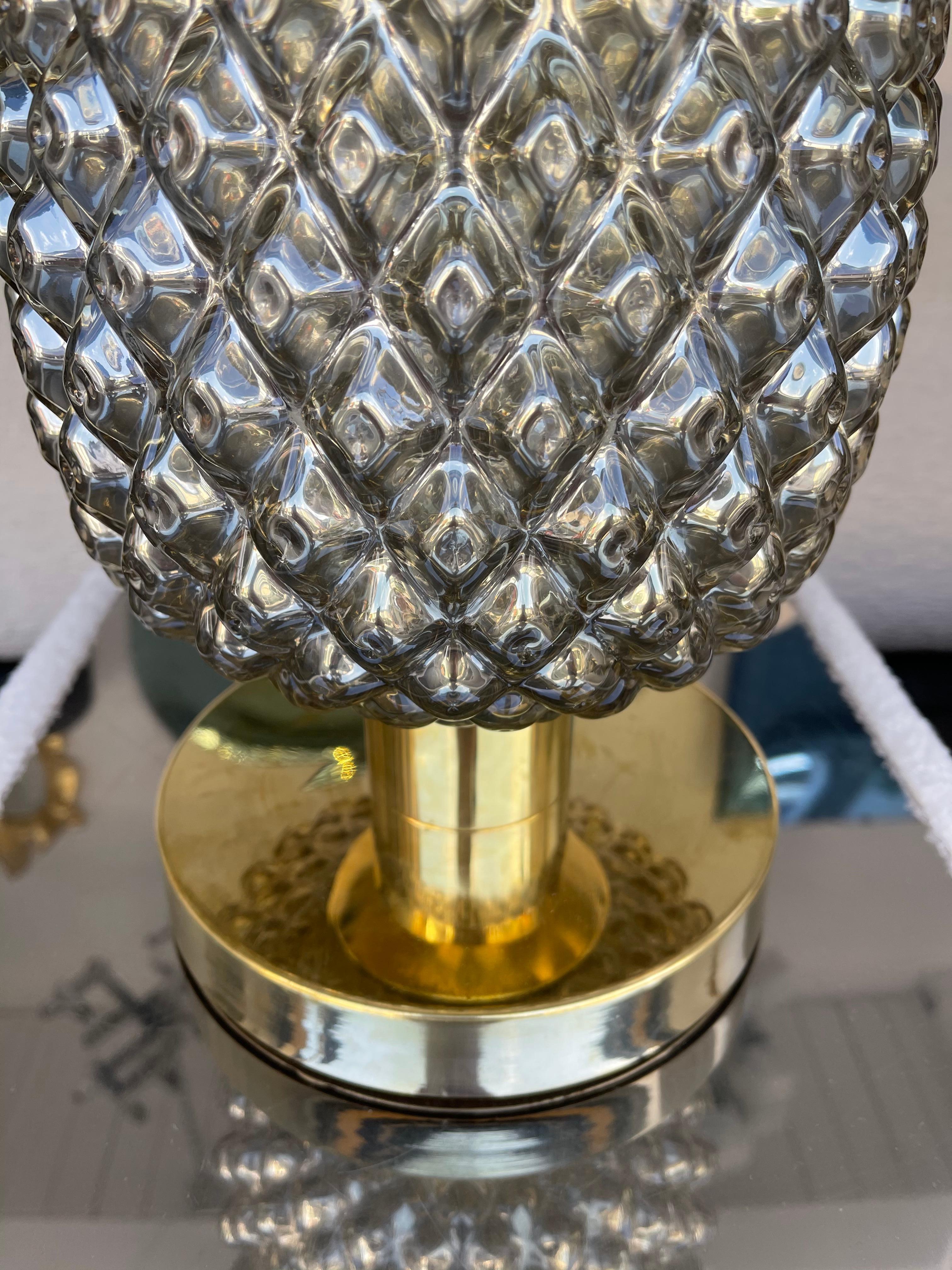 Contemporary Pair of Silver Gold Pineapple Murano Glass and Brass Lamps, Italy For Sale 3