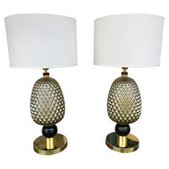 Pareja contemporánea de lámparas de latón y cristal de Murano con piña de oro plateado, Italia