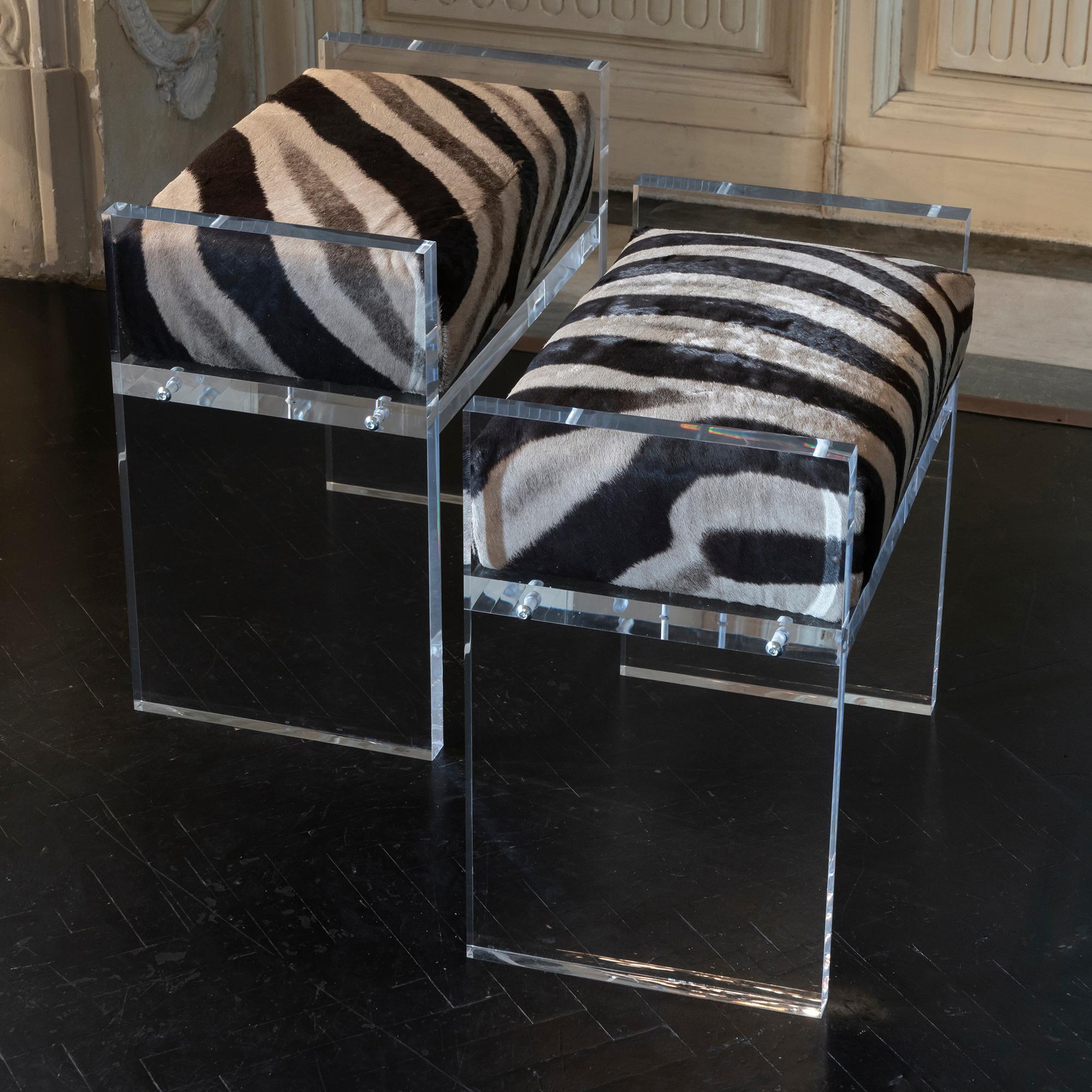 Italian Contemporary Pair of Stools, Zebra Skin and Clear Plexiglass, Italy, 2020