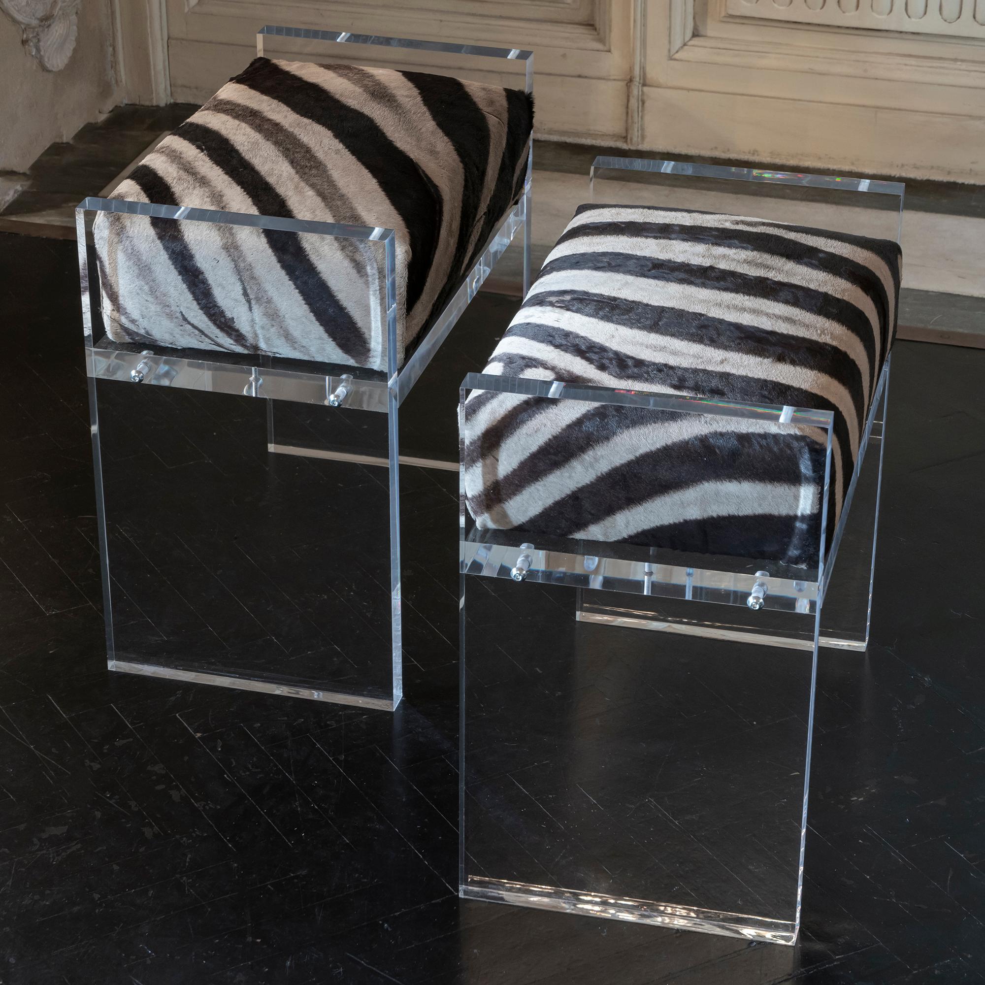 Animal Skin Contemporary Pair of Stools, Zebra Skin and Clear Plexiglass, Italy, 2020