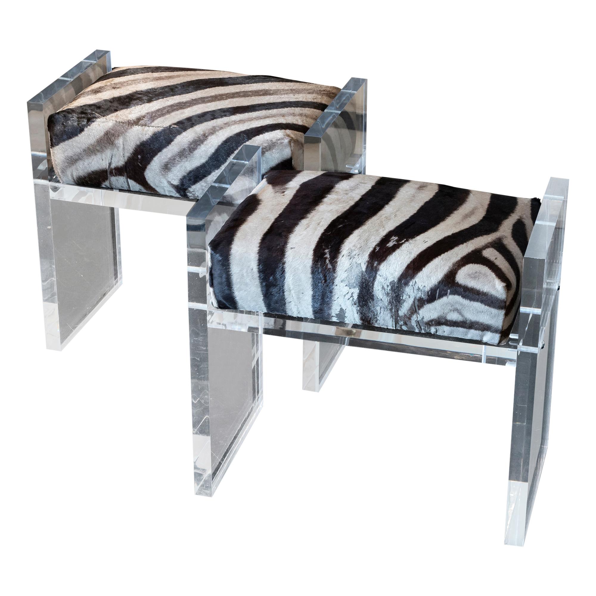Contemporary Pair of Stools, Zebra Skin and Clear Plexiglass, Italy, 2020