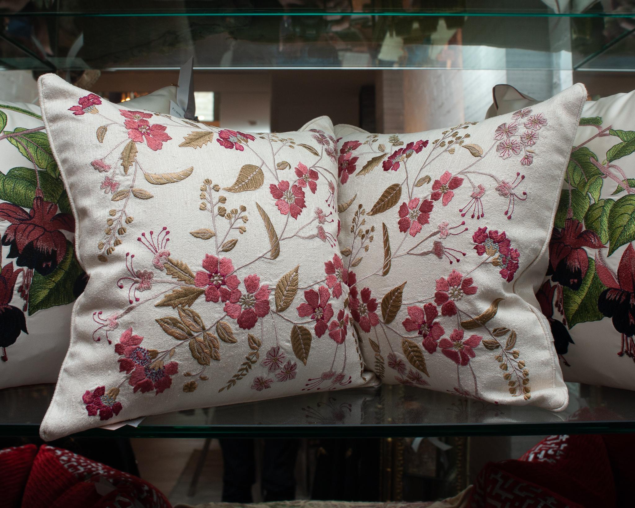 German Contemporary Pair of Tassia Silk Pillows with Ornate Floral Embroidery