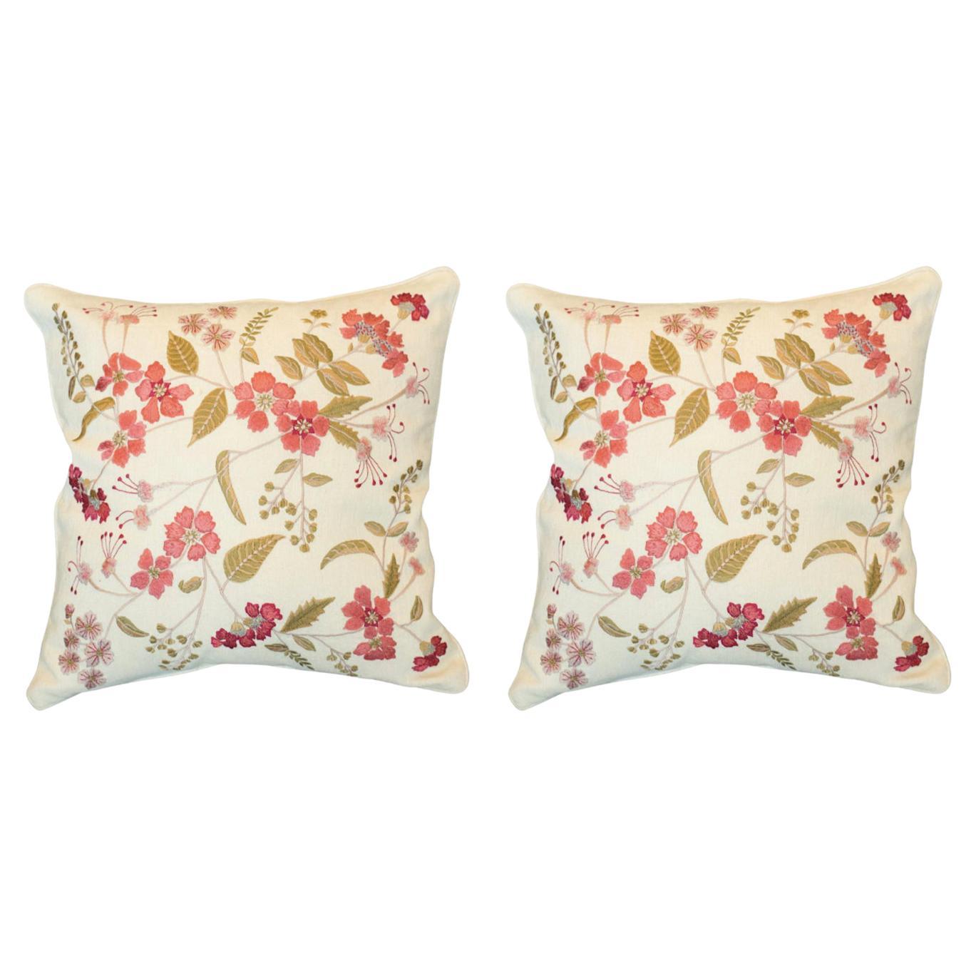 Contemporary Pair of Tassia Silk Pillows with Ornate Floral Embroidery