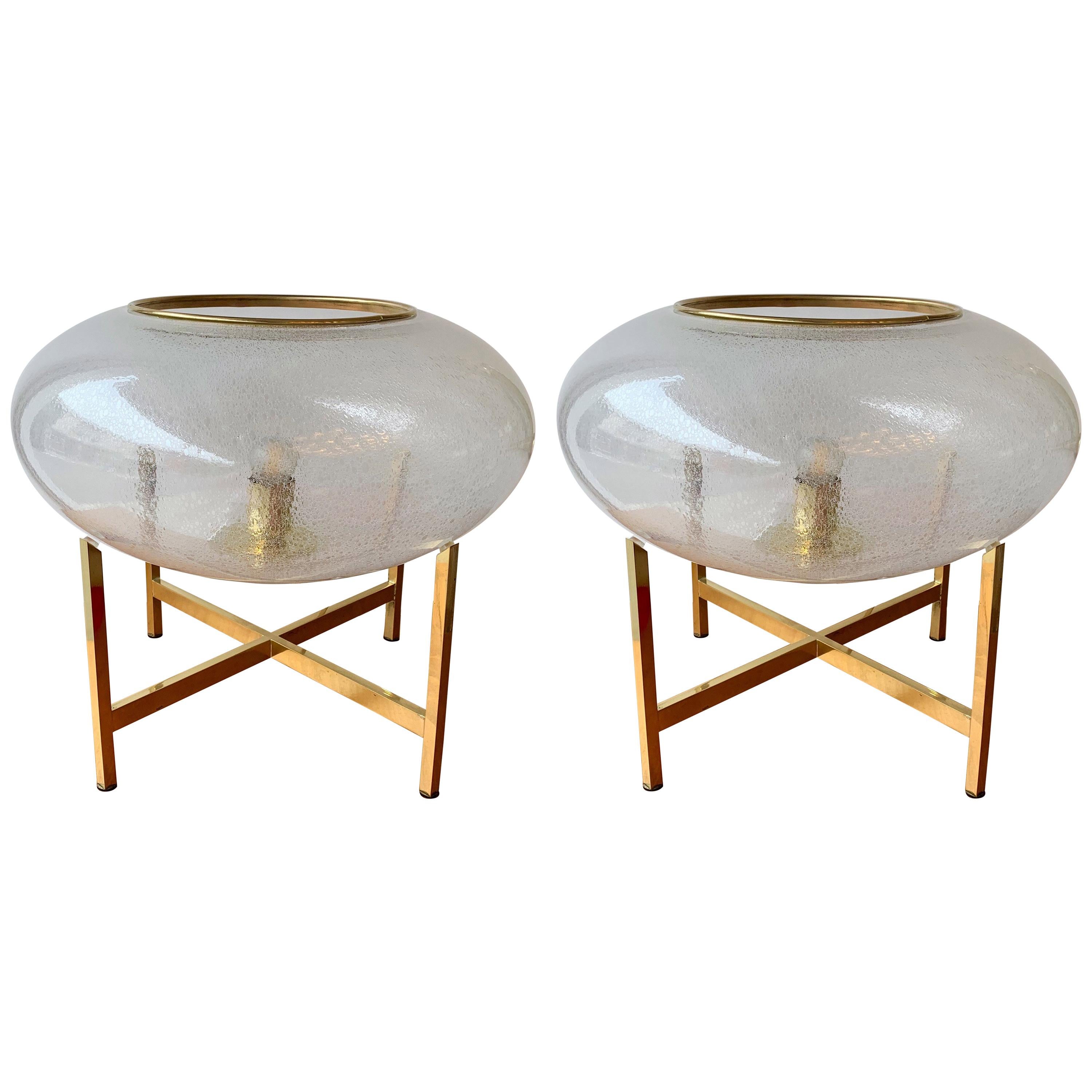Contemporary Pair of UFO Brass and Murano Glass Lamps