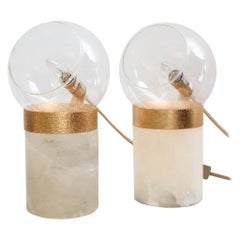 Contemporary Pair of White and Gold Quartz Lamps with Glass Domes