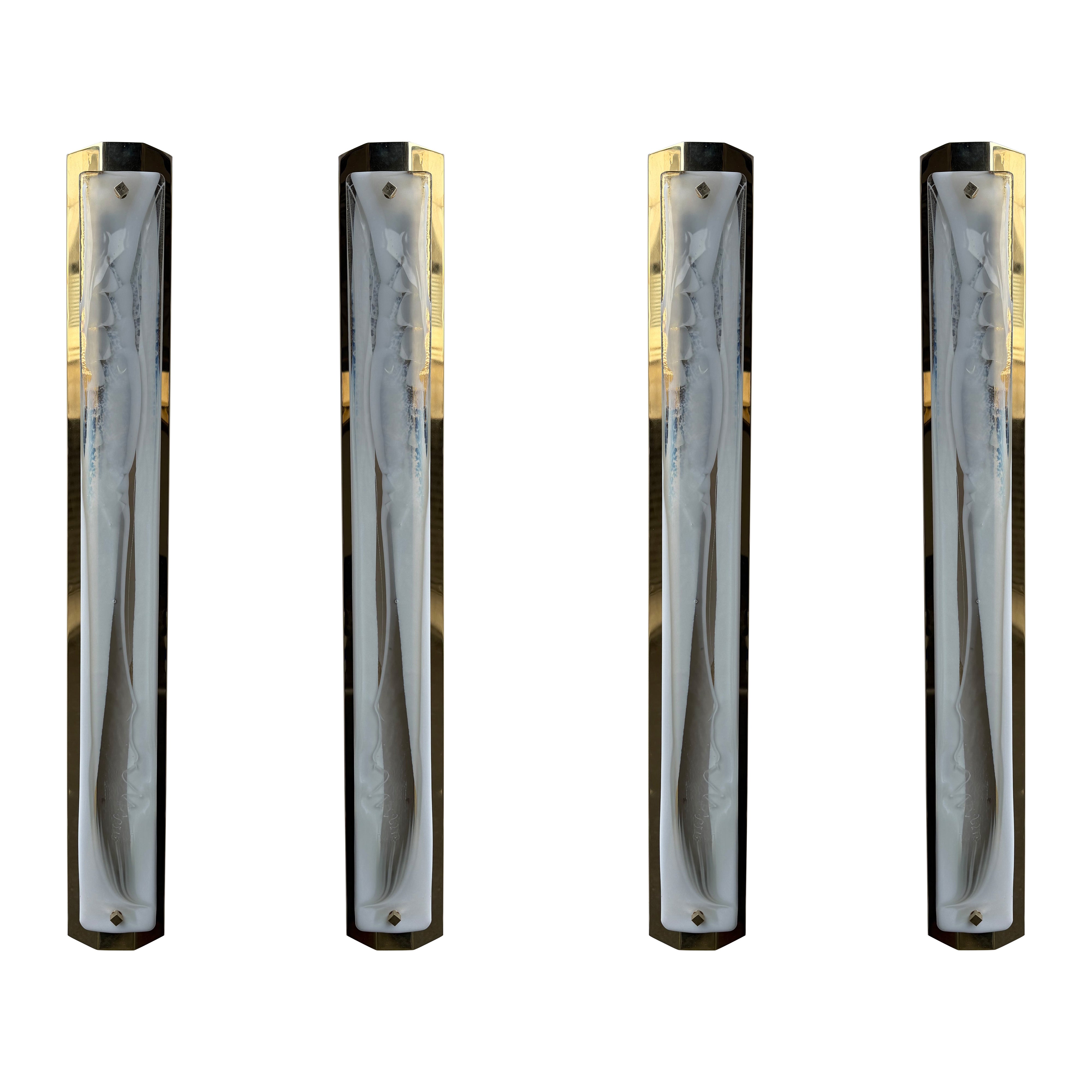 Contemporary Pair of White Pennellate Murano Glass and Brass Sconces, Italy
