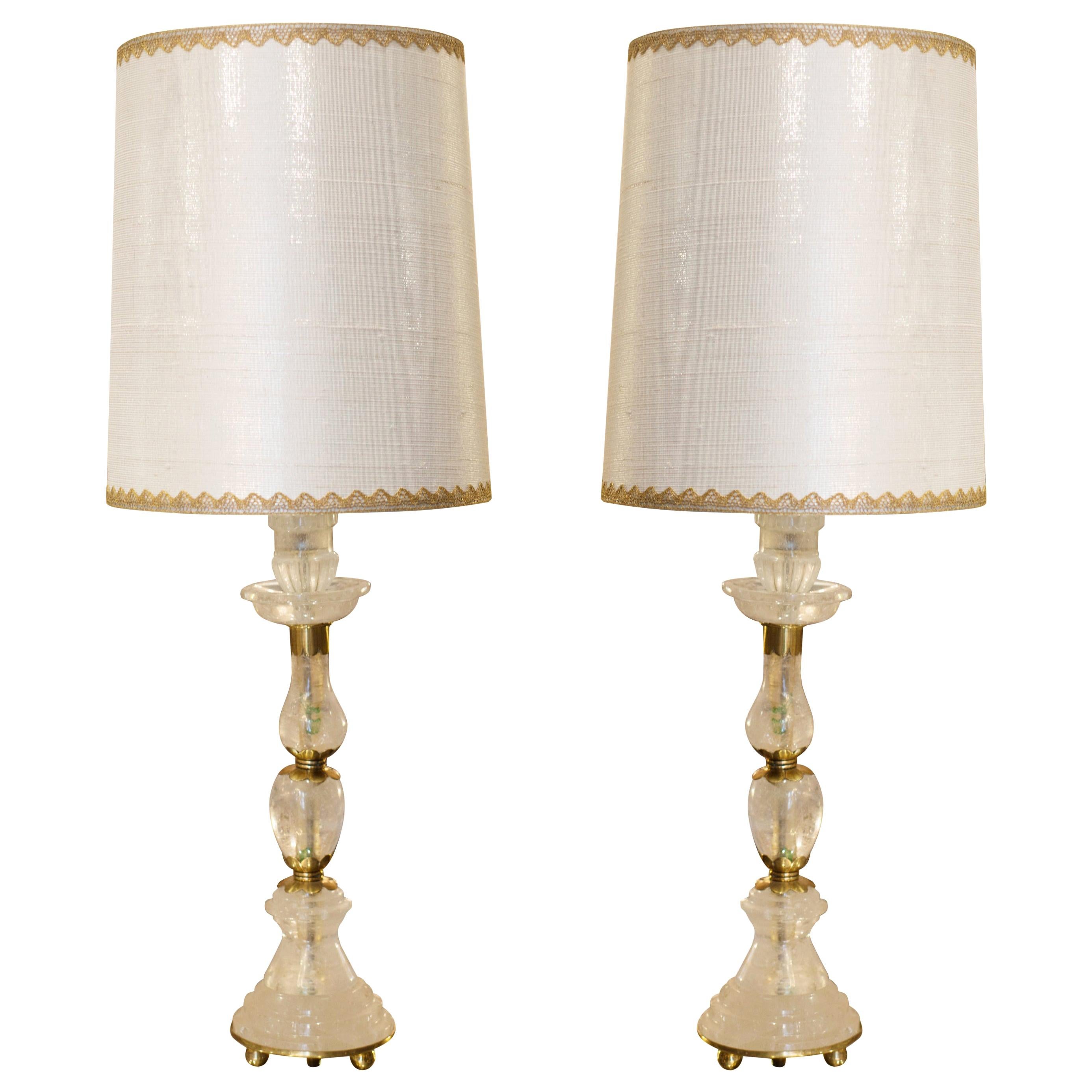 Contemporary Pair of White Rock Crystal and Bronze Lamps with Custom Silk Shades