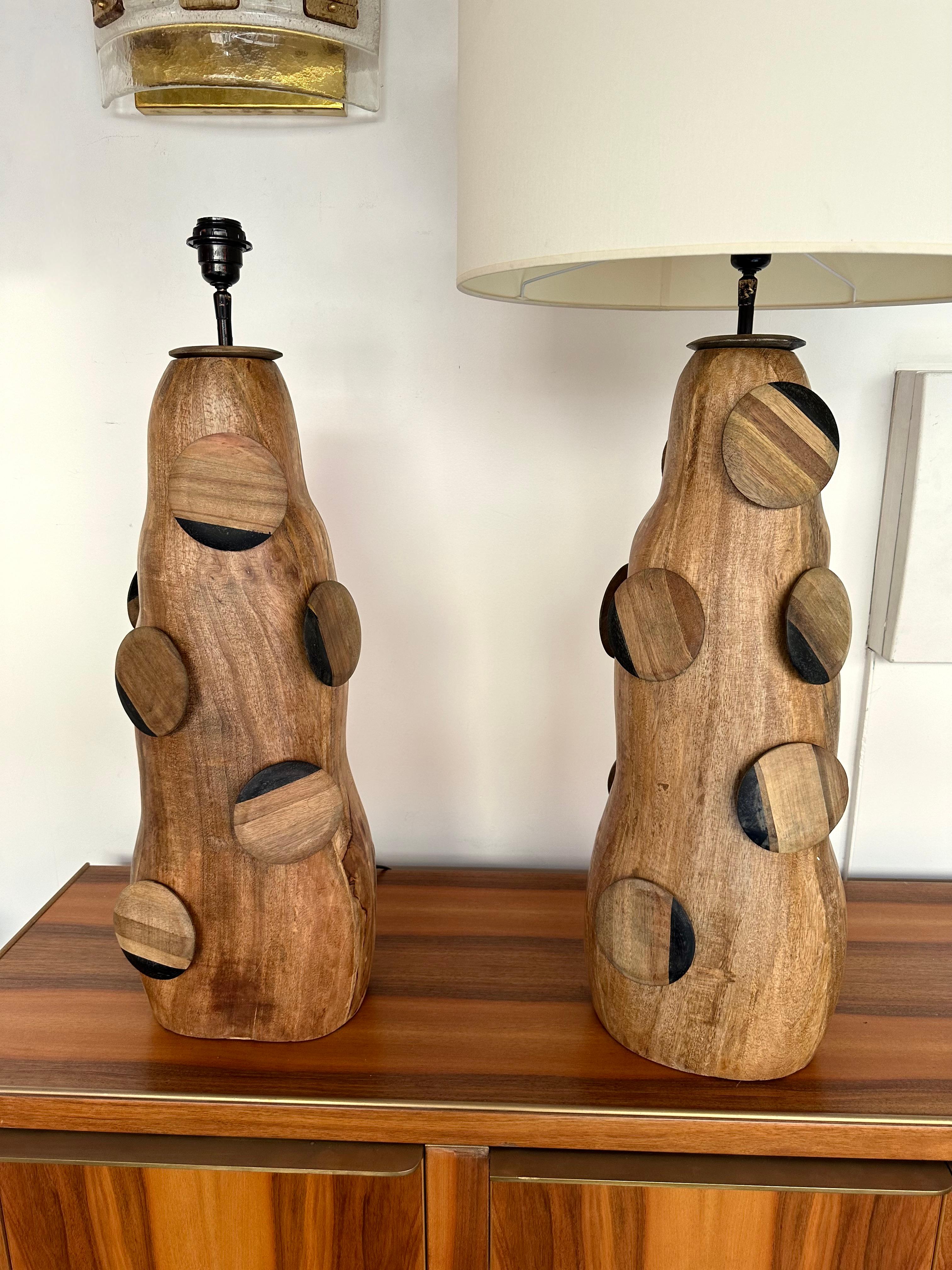 Italian Contemporary Pair of Wood Discs Lamps, Italy For Sale