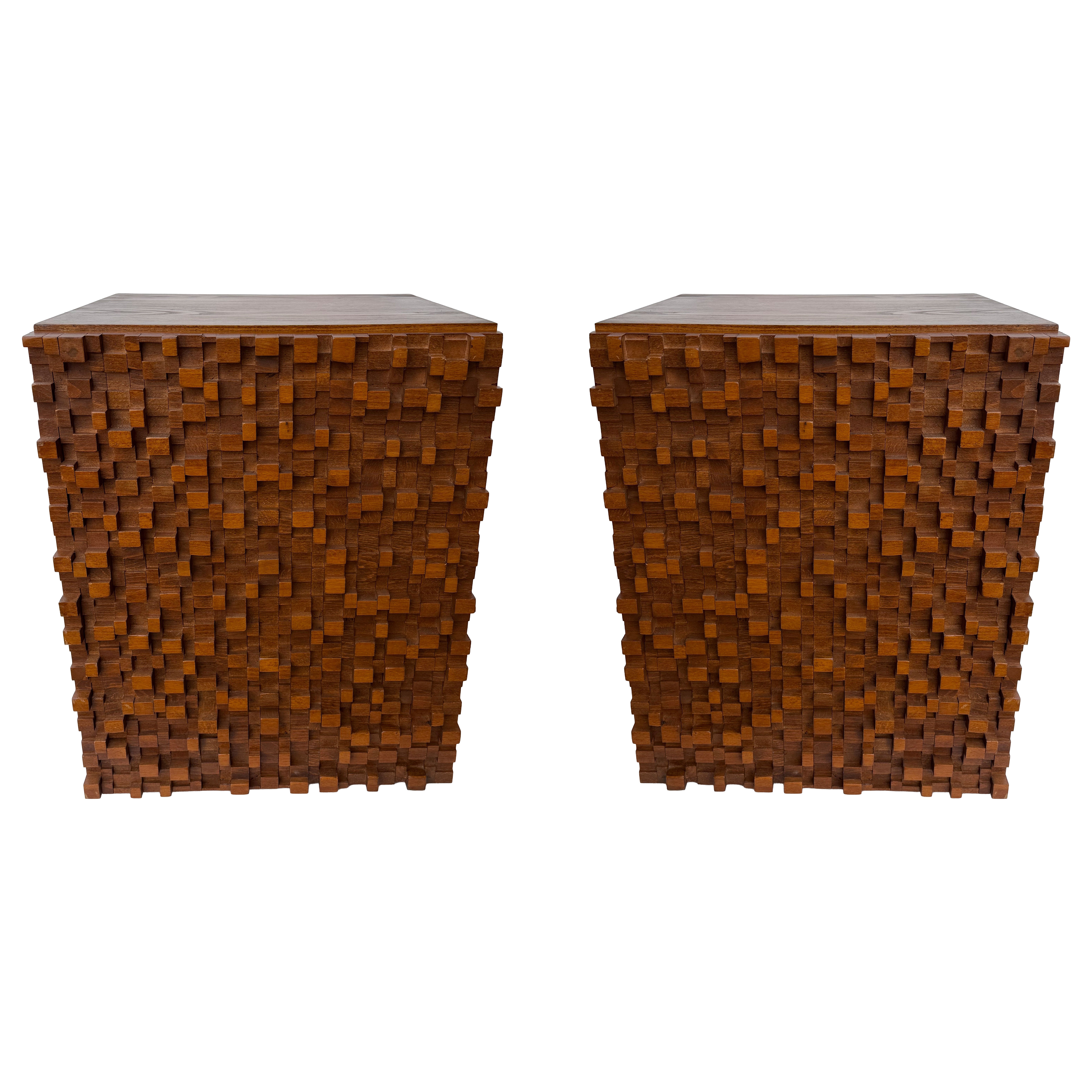 Contemporary Pair of Wood Marquetry Cube Bedside Tables. Italy For Sale