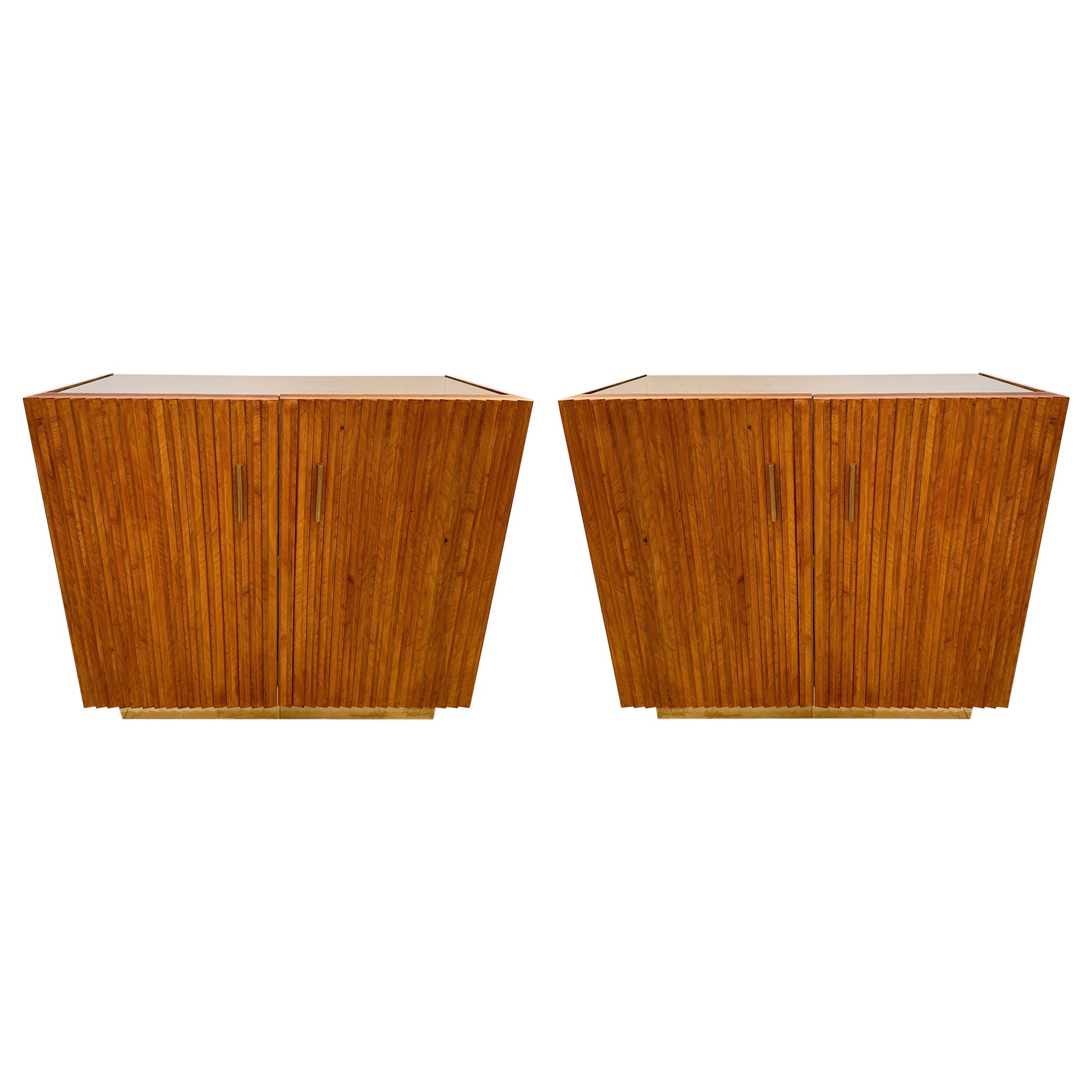 Contemporary Pair of Wood Plissé Brass Mirror Buffets Cabinets, Italy