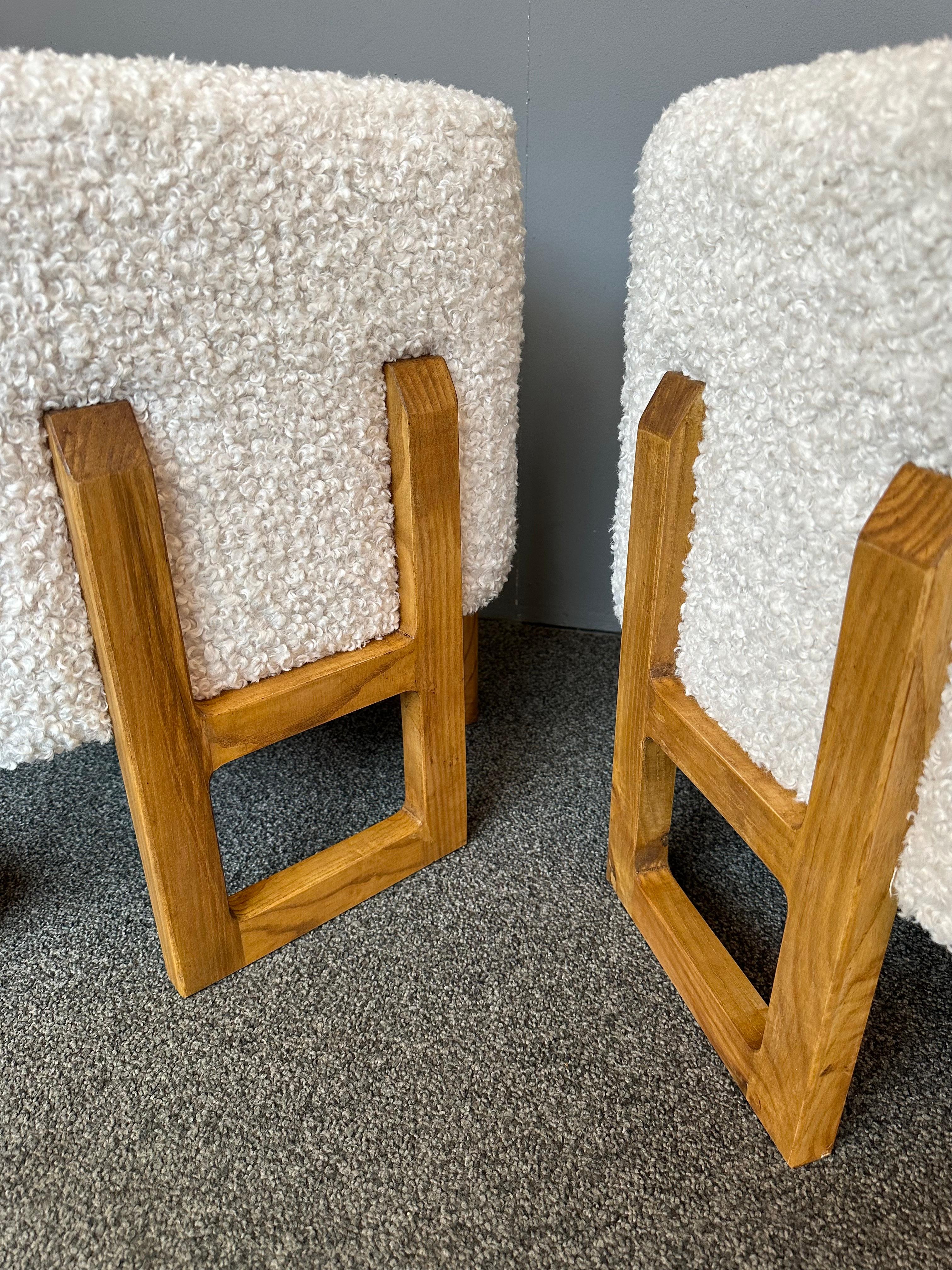 Contemporary Pair of Wood Stools and Bouclé Fabric. Italy For Sale 5
