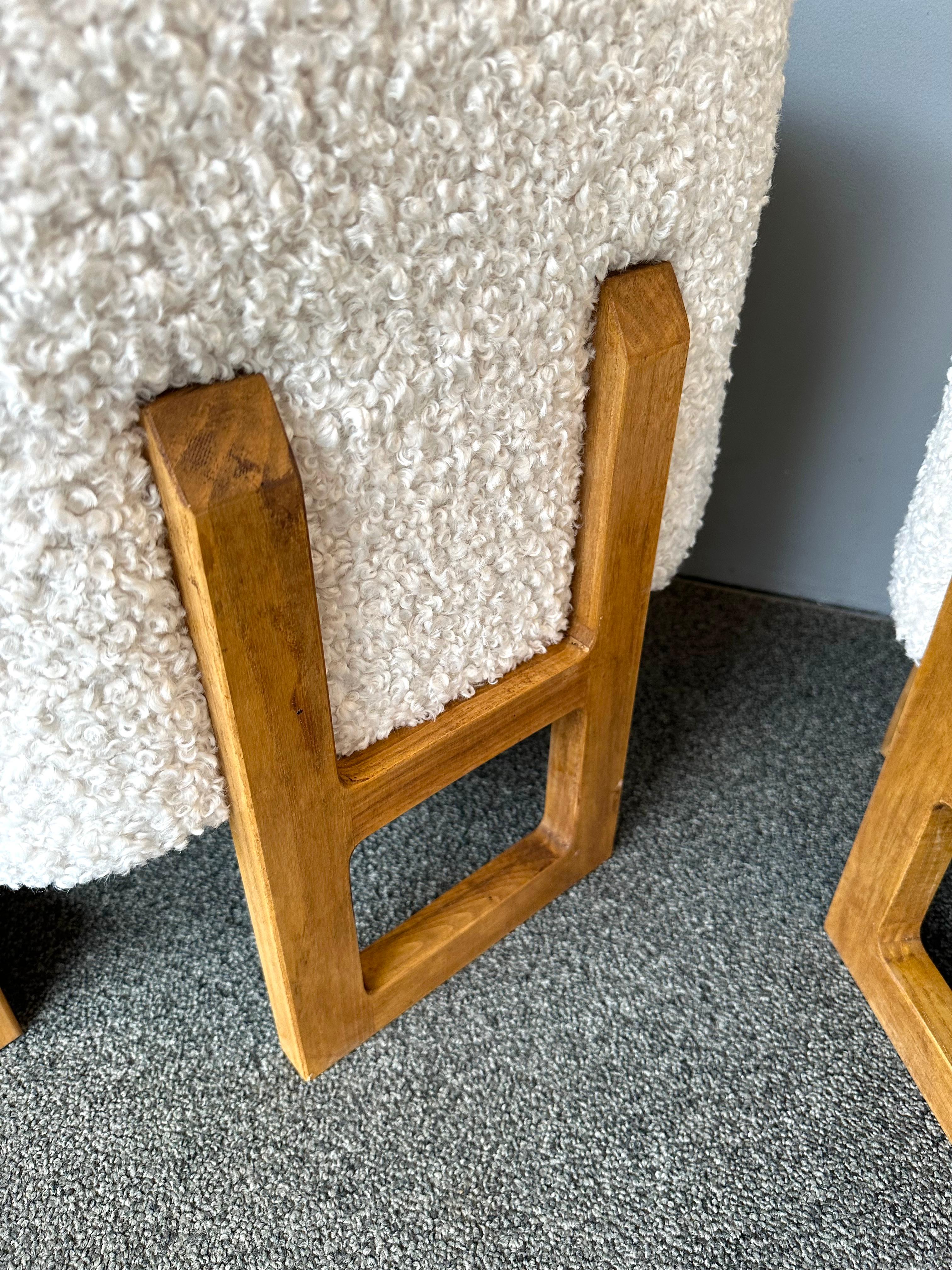 Contemporary Pair of Wood Stools and Bouclé Fabric. Italy For Sale 6