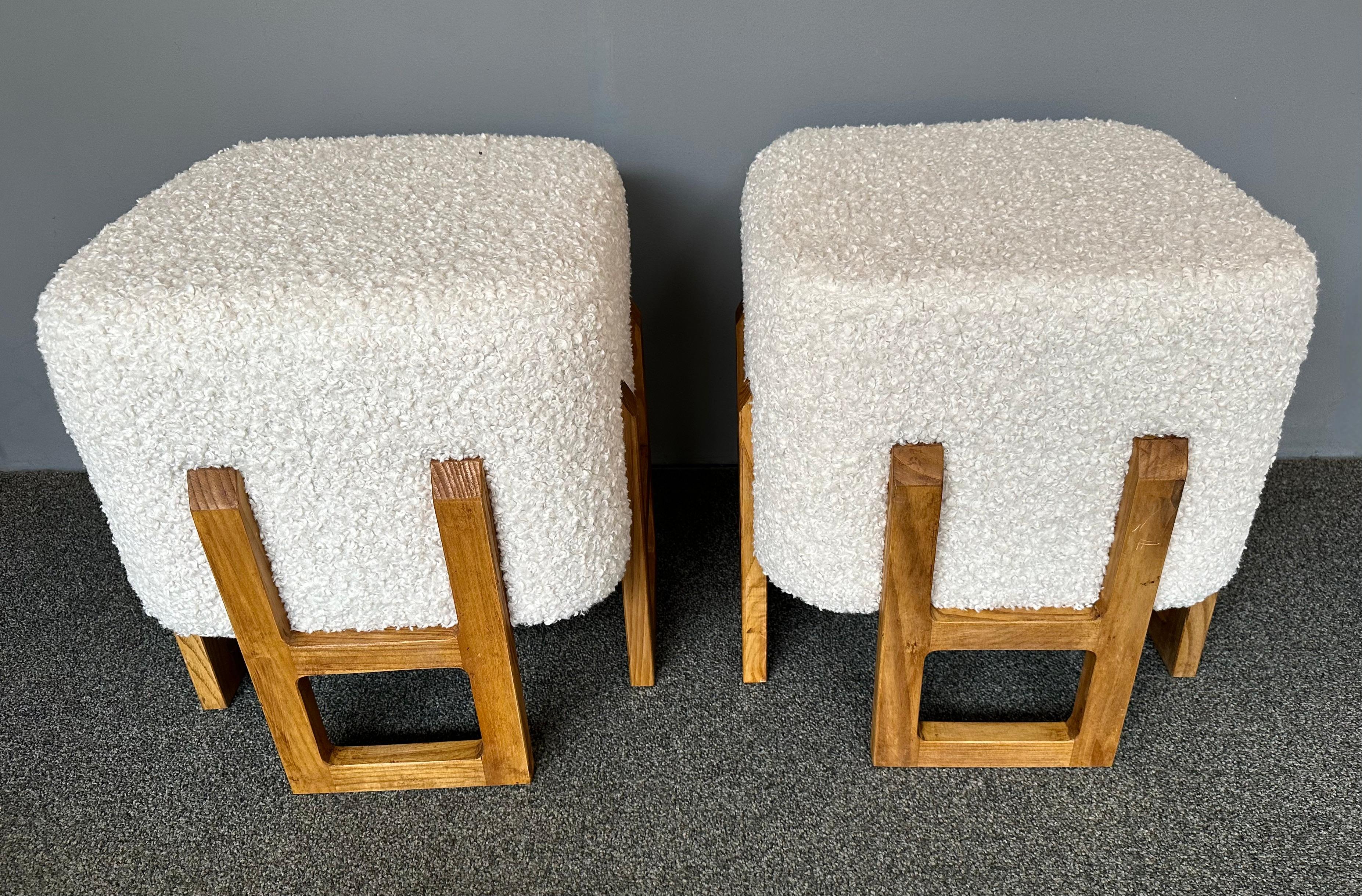 Contemporary Pair of Wood Stools and Bouclé Fabric. Italy For Sale 7