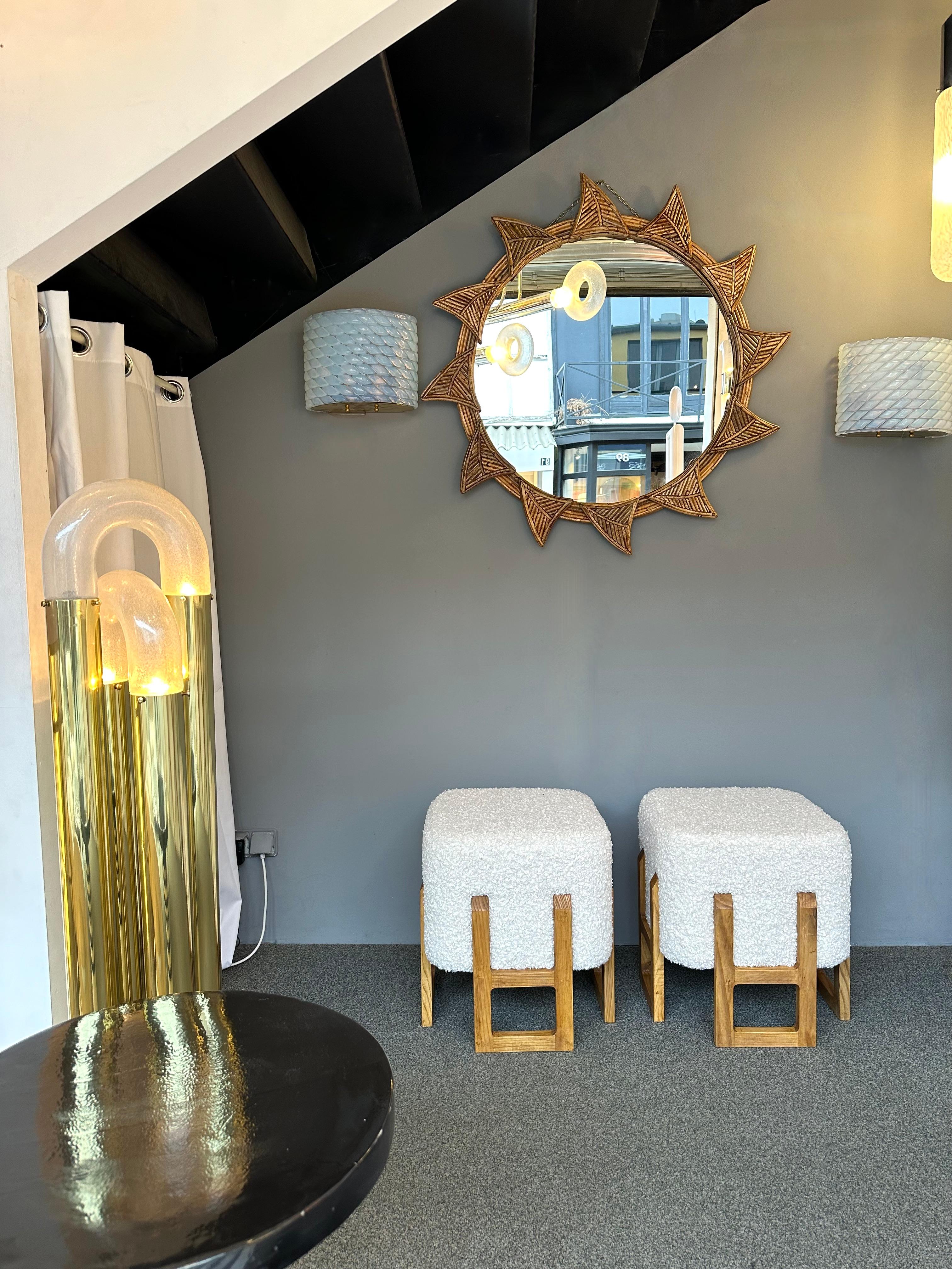 Contemporary Pair of Wood Stools and Bouclé Fabric. Italy For Sale 8