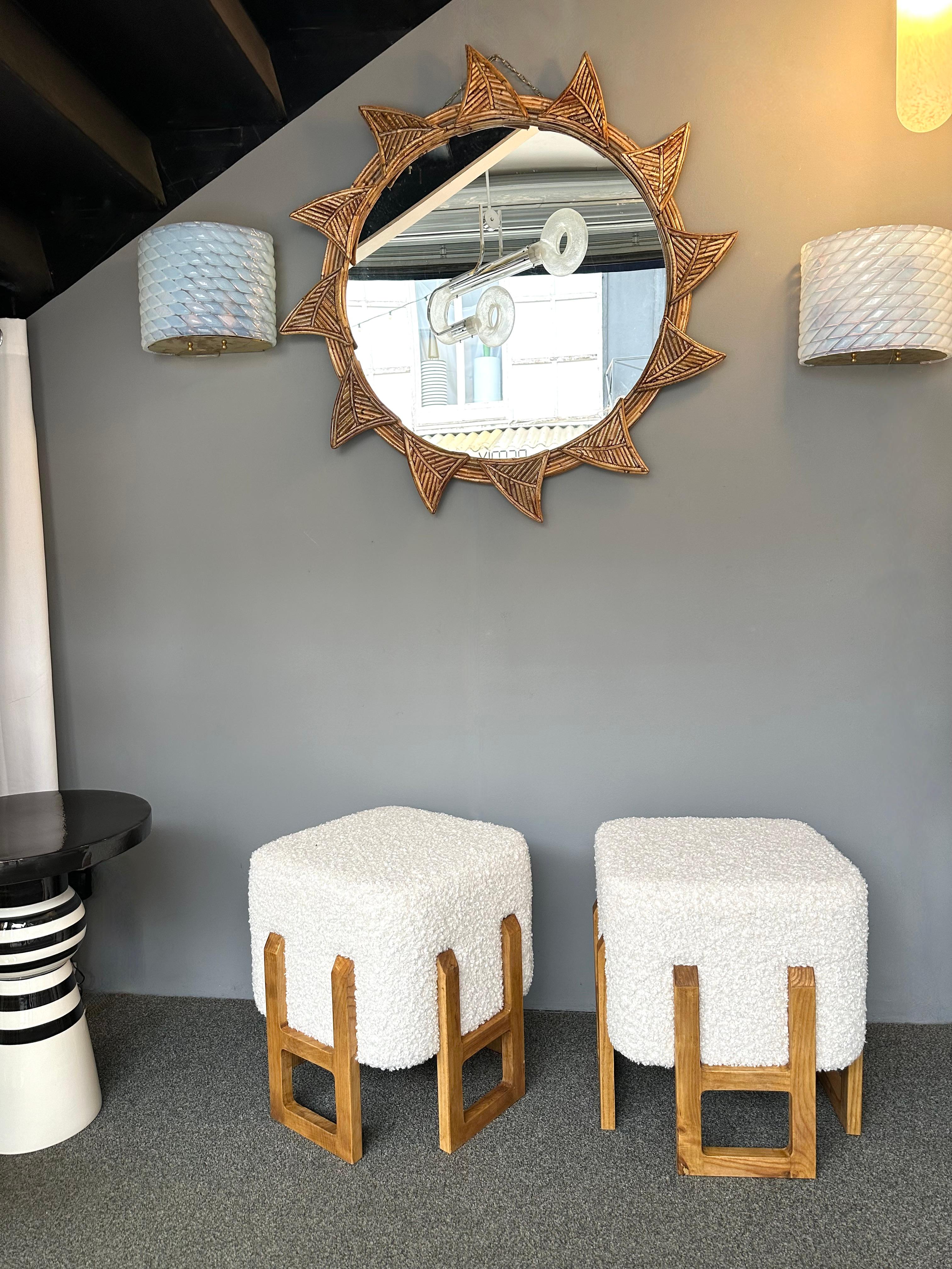 Contemporary Pair of square stools, poufs or ottomans in wood. New upholstery bouclé fabric. Italian design in the mood of Scandinavian design, Pier Luigi Colli, Mascagni, Cesare Lacca, Vittorio Dassi, Osvaldo Borsani, Gianfranco Frattini, Ico