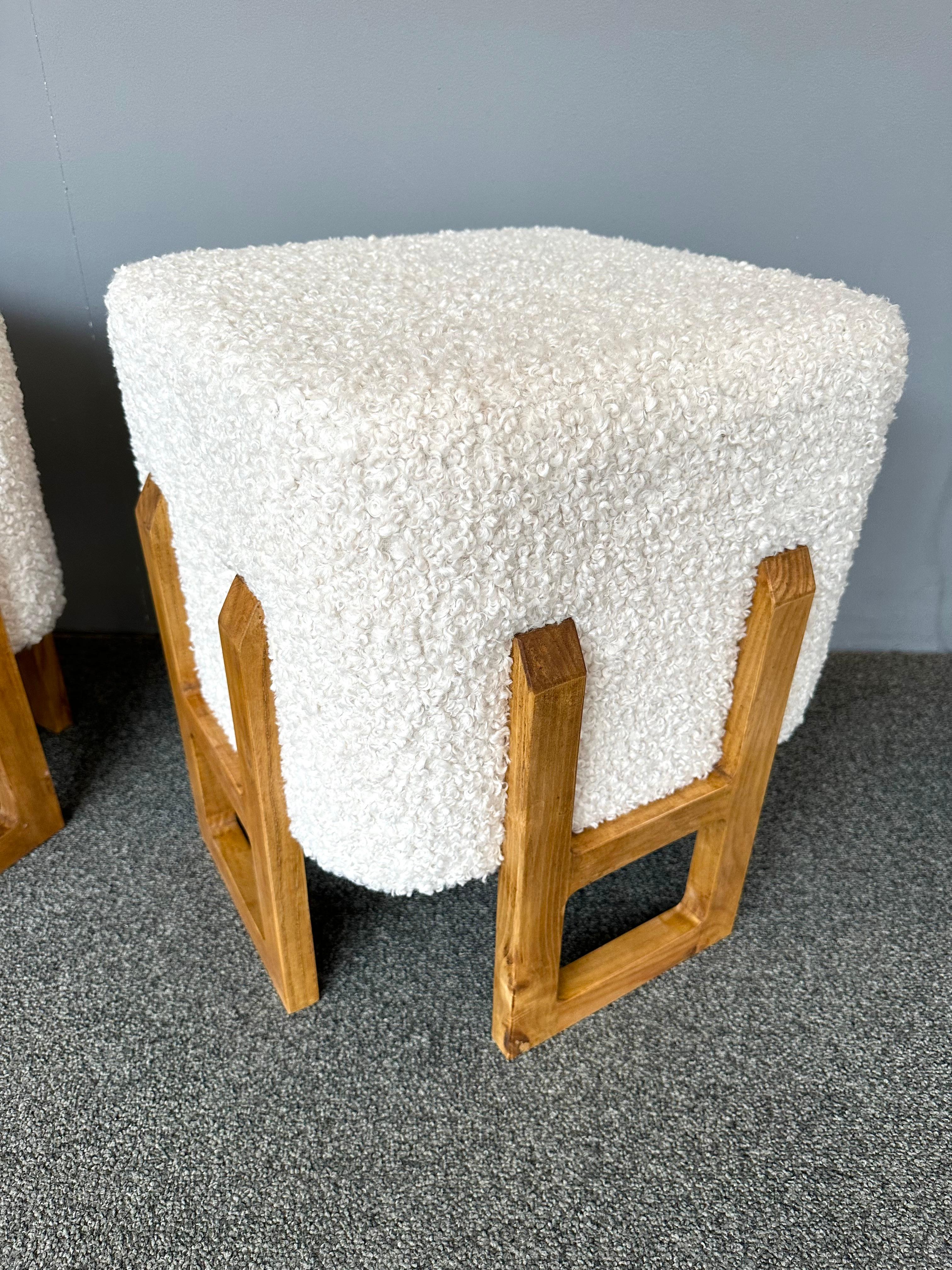 Contemporary Pair of Wood Stools and Bouclé Fabric. Italy For Sale 2