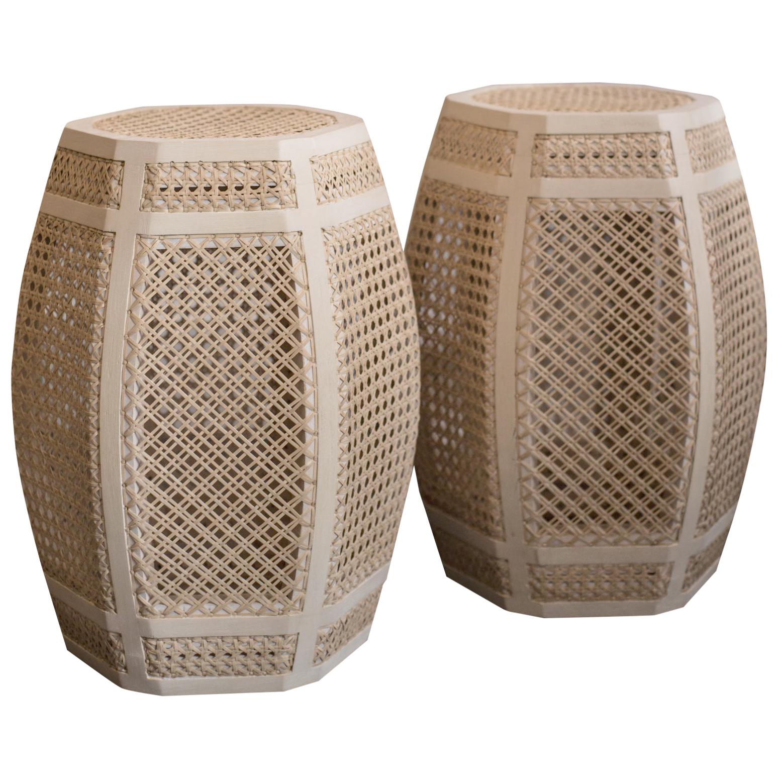 Contemporary Pair of French Woven Rattan Ottomans or Tables at 1stDibs