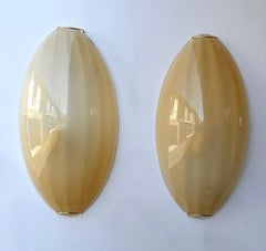 Contemporary Pair of Yellow Gold Leaf Murano Glass and Brass Sconces, Italy
