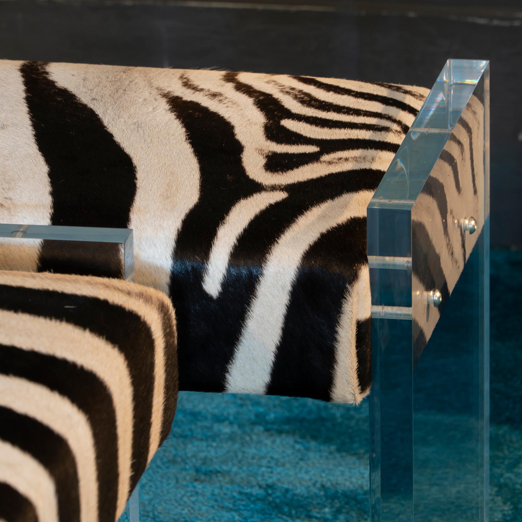 Pair of contemporary zebra stools and clear plexiglass, the animal skin is a vintage one but in perfect condition, Italy 2018.
