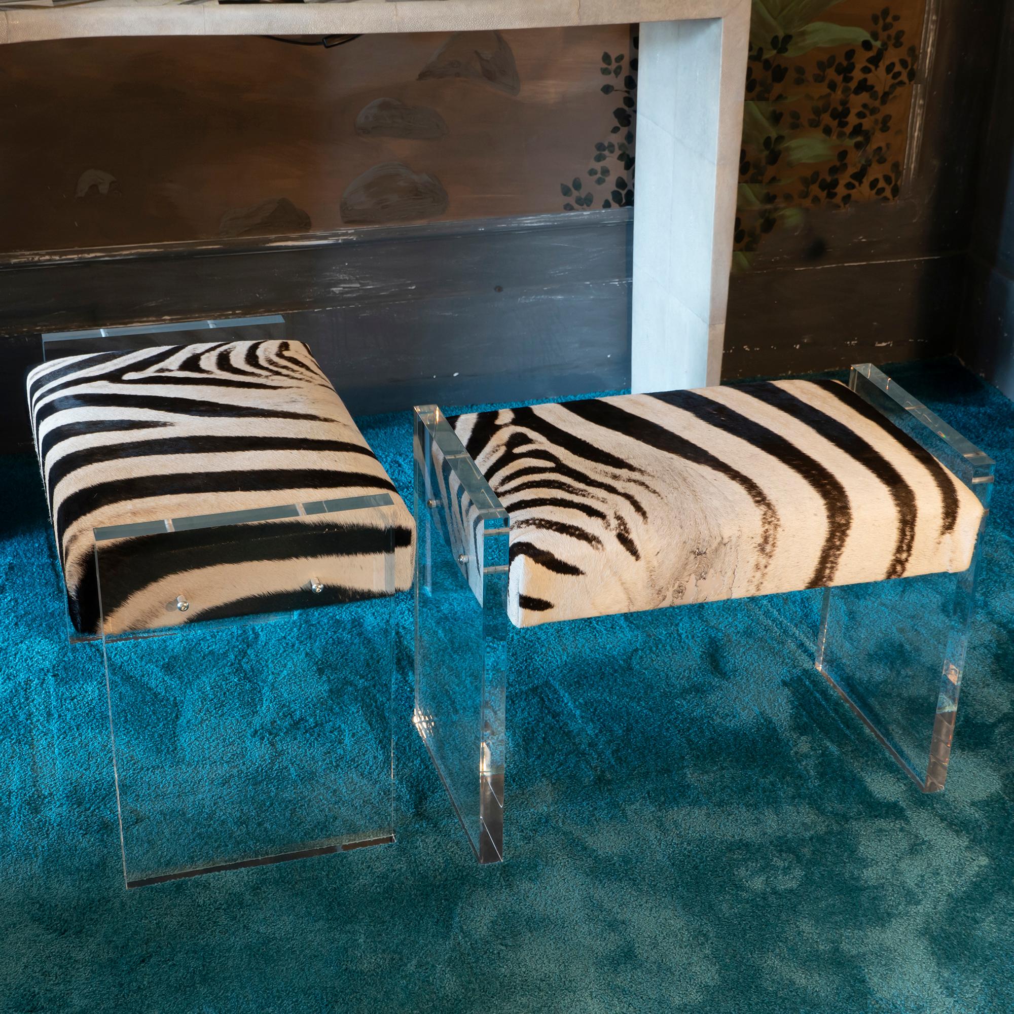 Zebra Hide Contemporary Pair of Zebra Stools and Clear Plexiglass, Italy 2018
