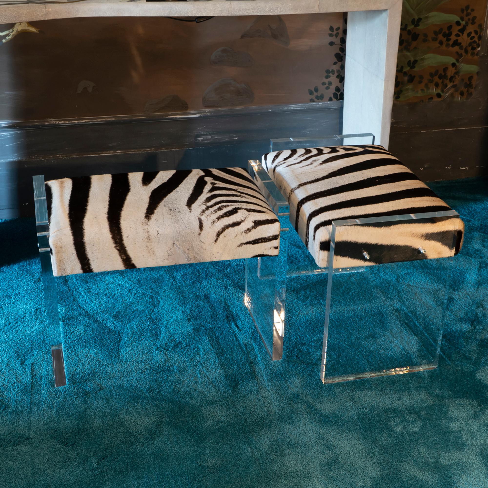 Contemporary Pair of Zebra Stools and Clear Plexiglass, Italy 2018 2