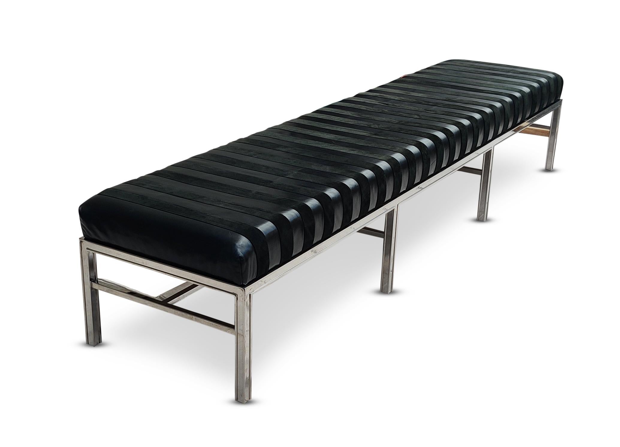 Mid-Century Modern Contemporary Pair Stellar Museum Scale Quality Leather Suede Chrome Benches For Sale
