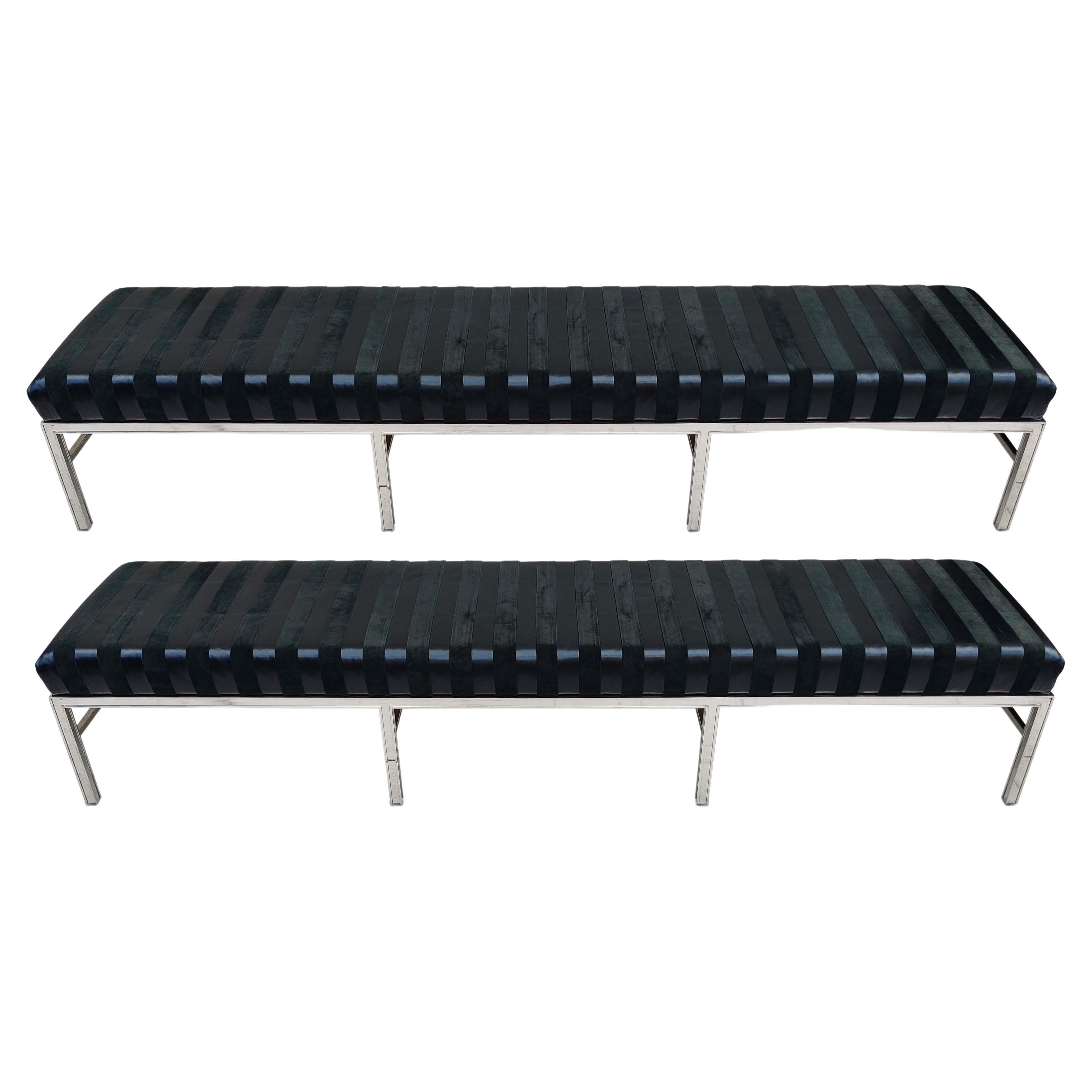 Contemporary Pair Stellar Museum Scale Quality Leather Suede Chrome Benches For Sale