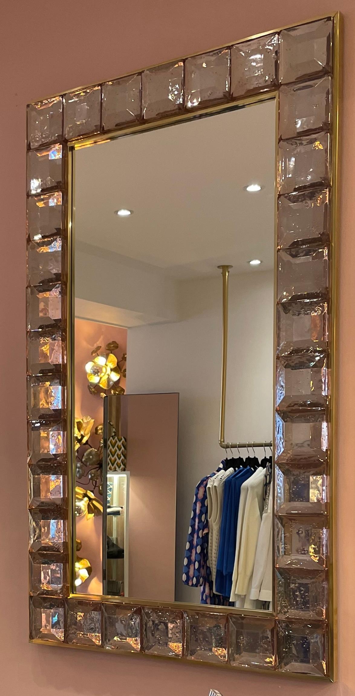 Contemporary Pale Pink Murano Glass and Brass 'Jewel' Mirror For Sale 2