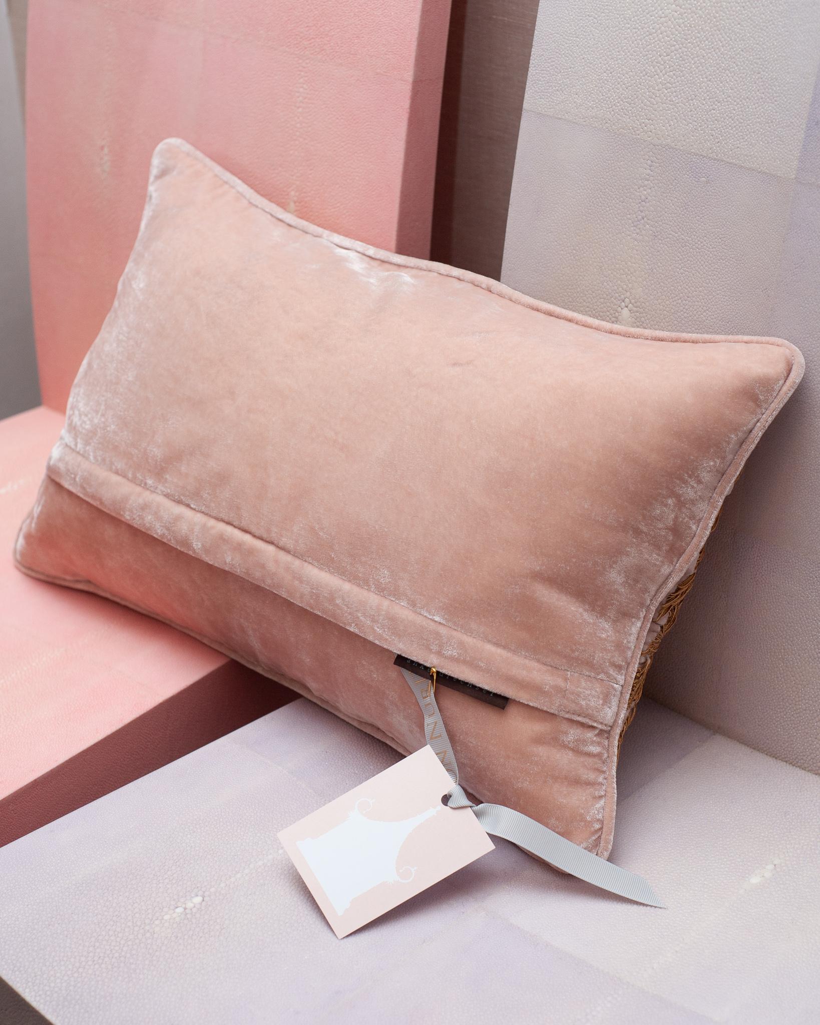 Contemporary Pale Pink Silk Velvet Pillow with Metallic Embroidery In New Condition In Toronto, ON