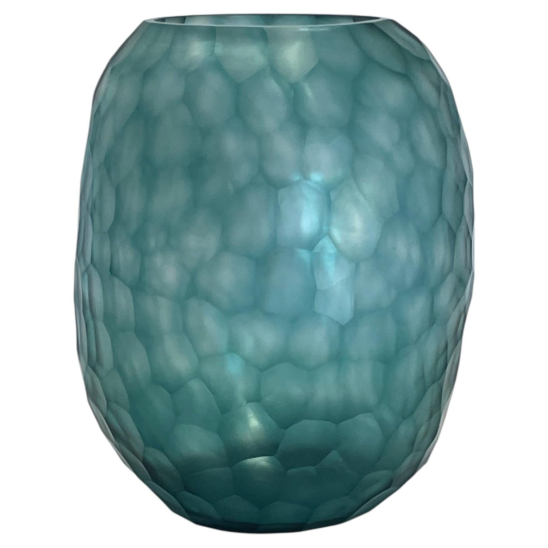 Contemporary Pale Turquoise Beveled Glass Vase from Romania
