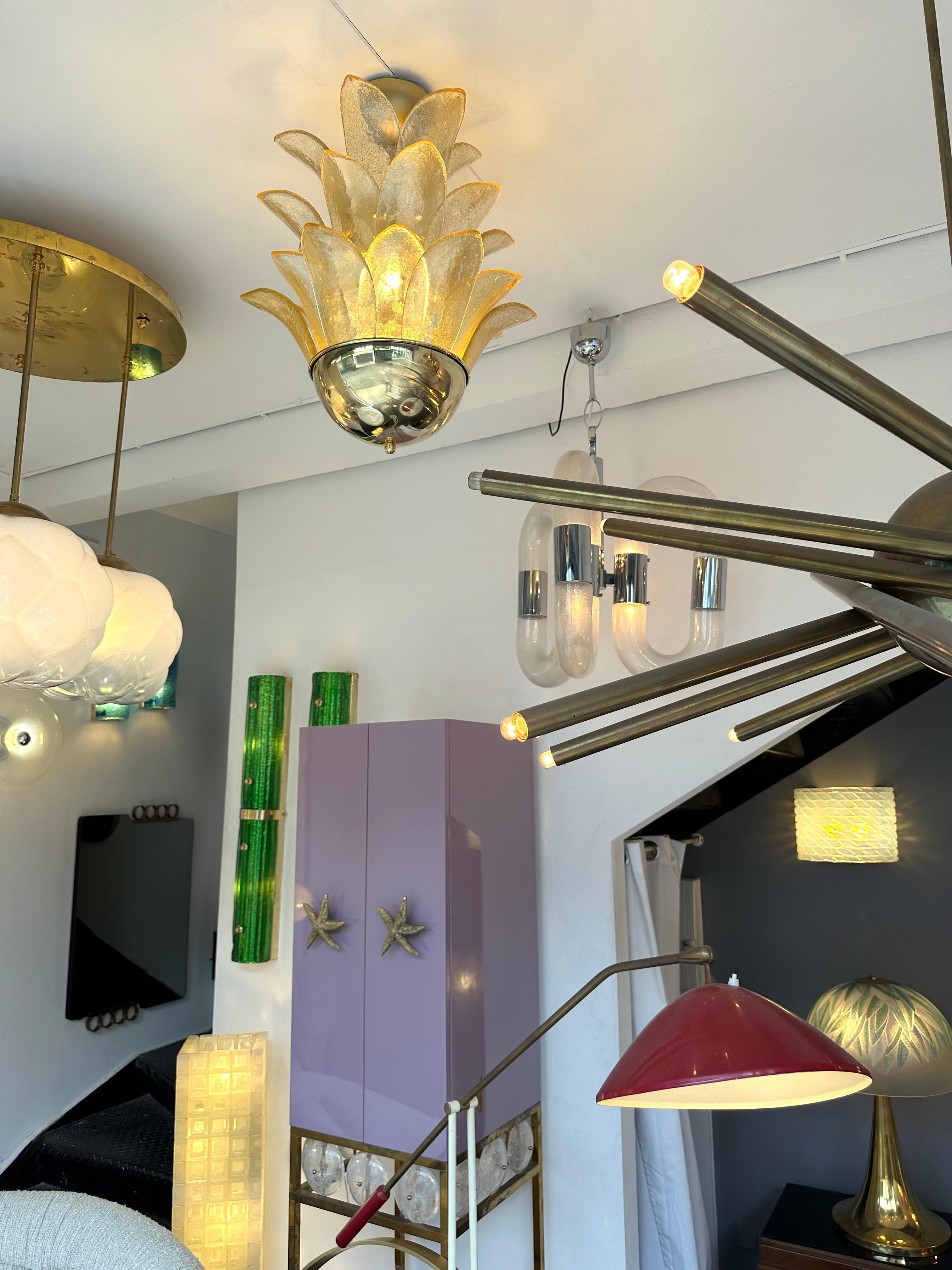 Laiton Pendentif Contemporary Palm Lightning Gold Murano Glass and Brass , Italy