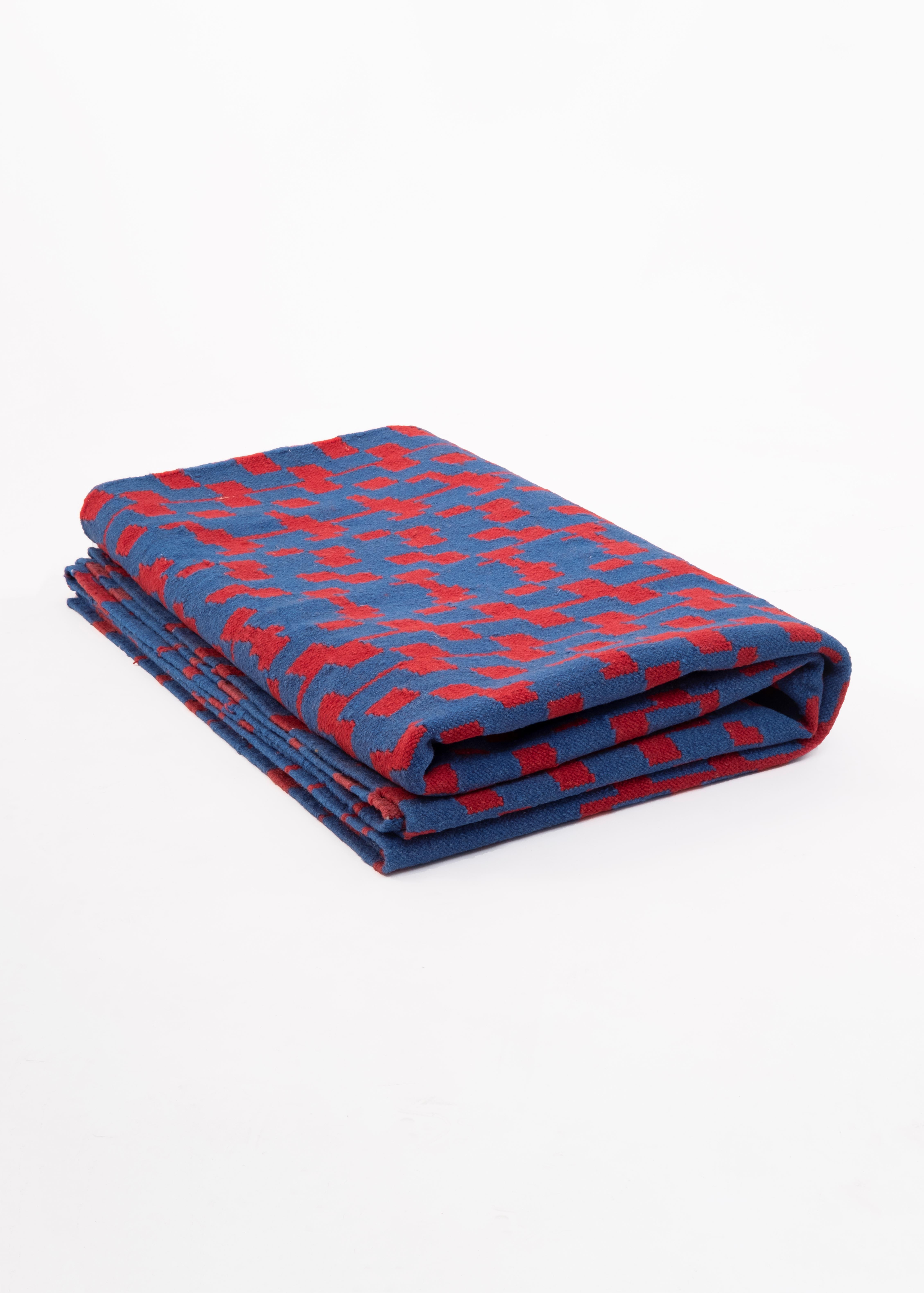 Contemporary Fuoritempo - Red Blue - Design Kilim Rug Paolo Giordano Wool Carpet Cotton For Sale