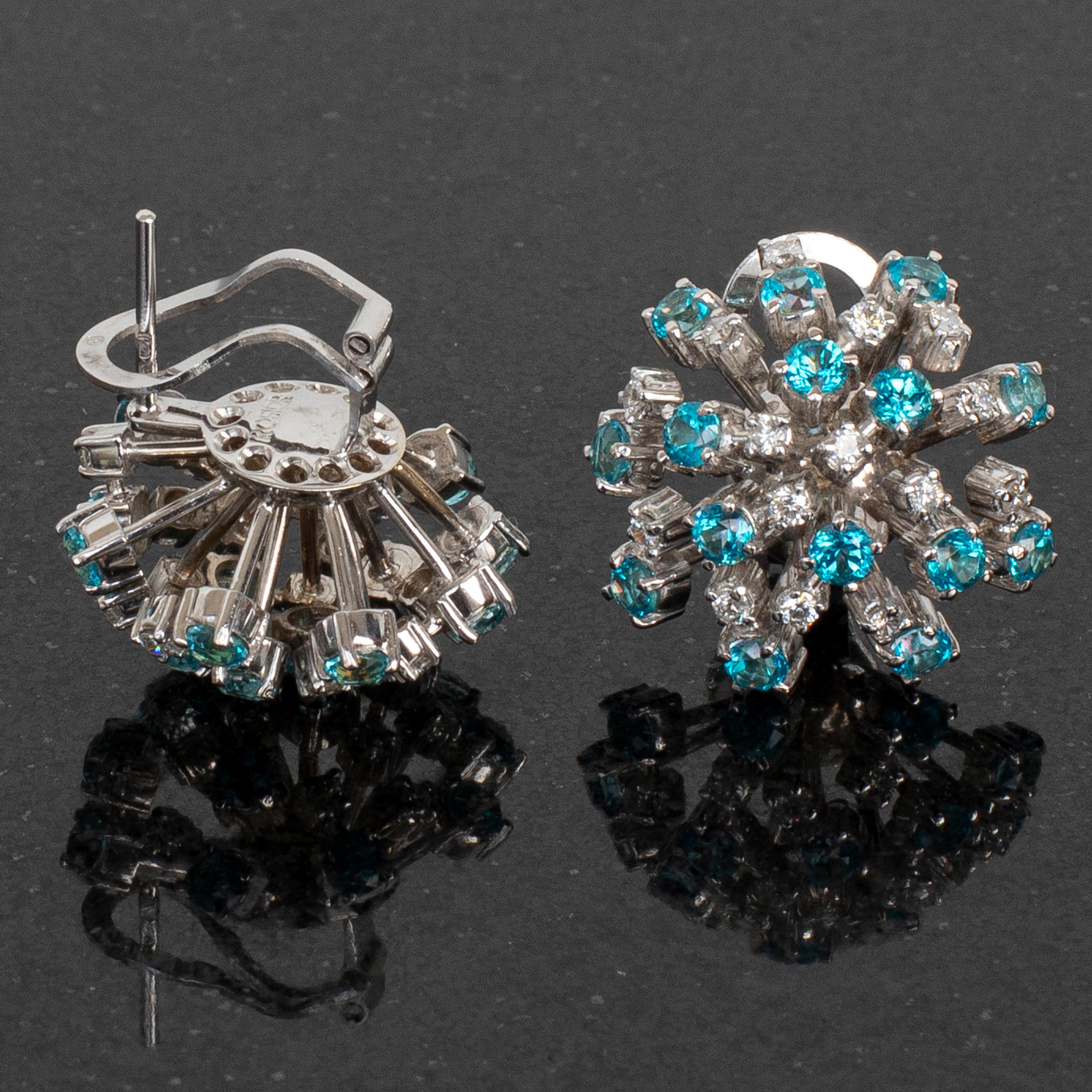 Contemporary One-off Blue Topaz and Diamond Clip Earrings set in White Gold For Sale