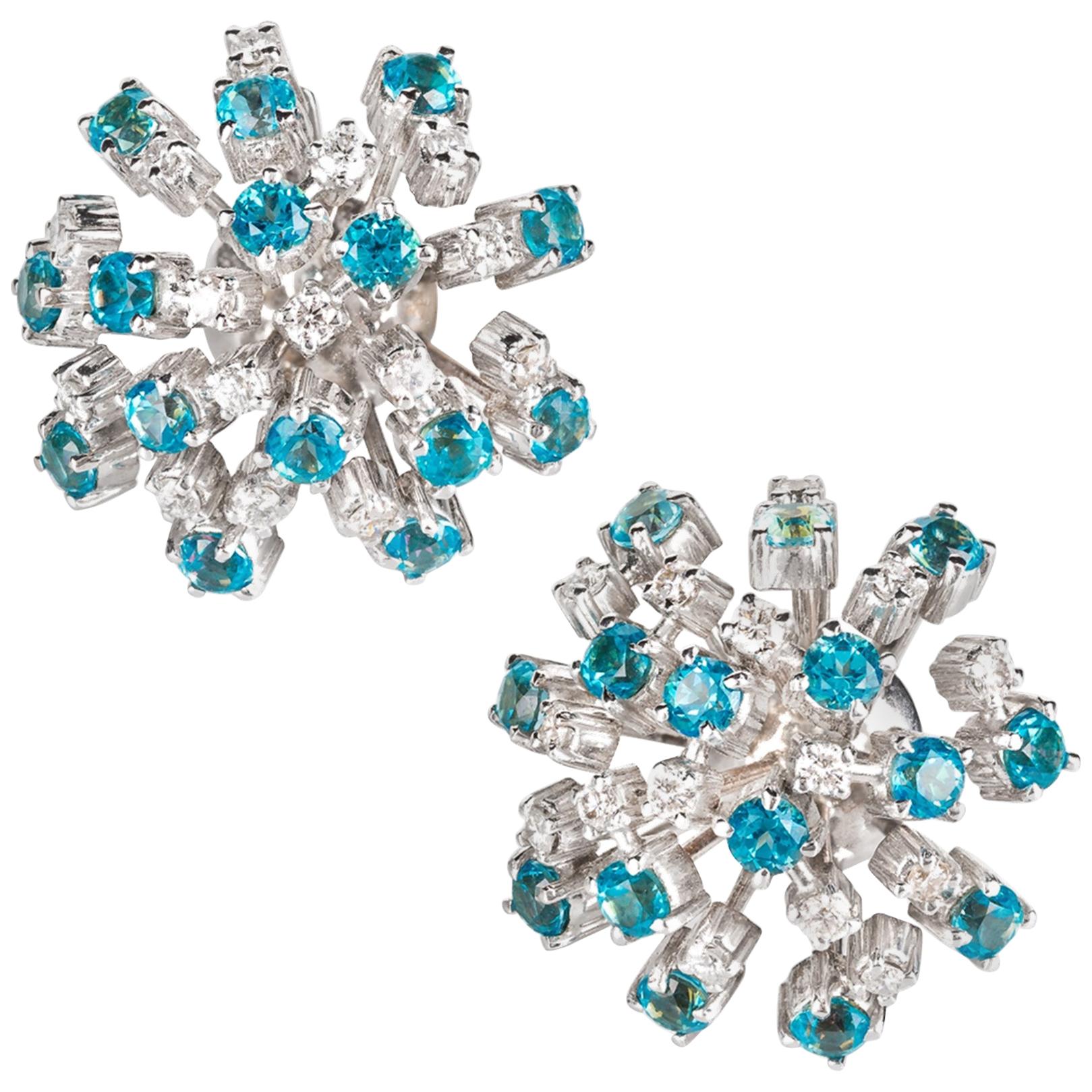 One-off Blue Topaz and Diamond Clip Earrings set in White Gold For Sale