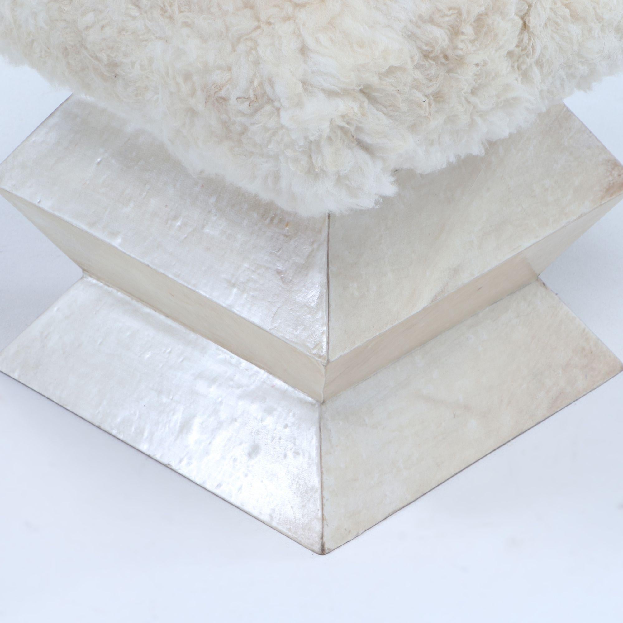 Goat Hair Contemporary parchment covered stool having goat hair upholstery For Sale