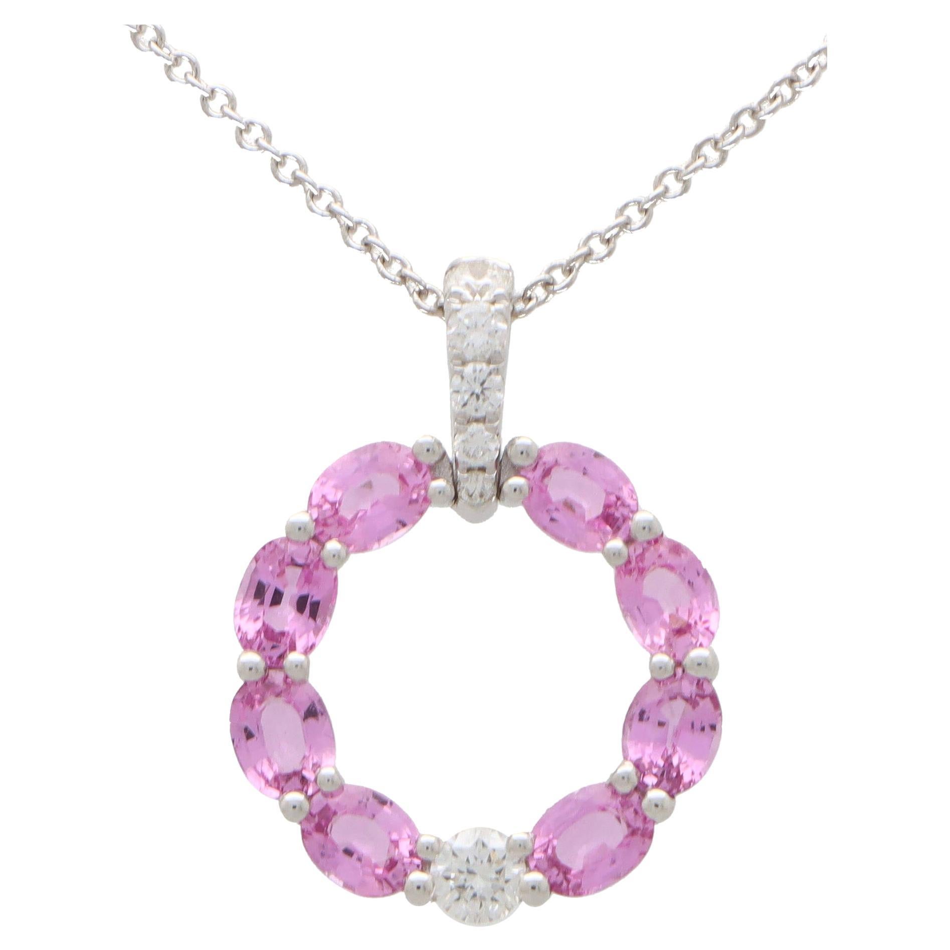 Contemporary Pastel Pink Sapphire and Diamond Pendant Necklace For Sale