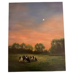 Contemporary Pastoral Landscape with Grazing Cows at Dusk, Signed 2002